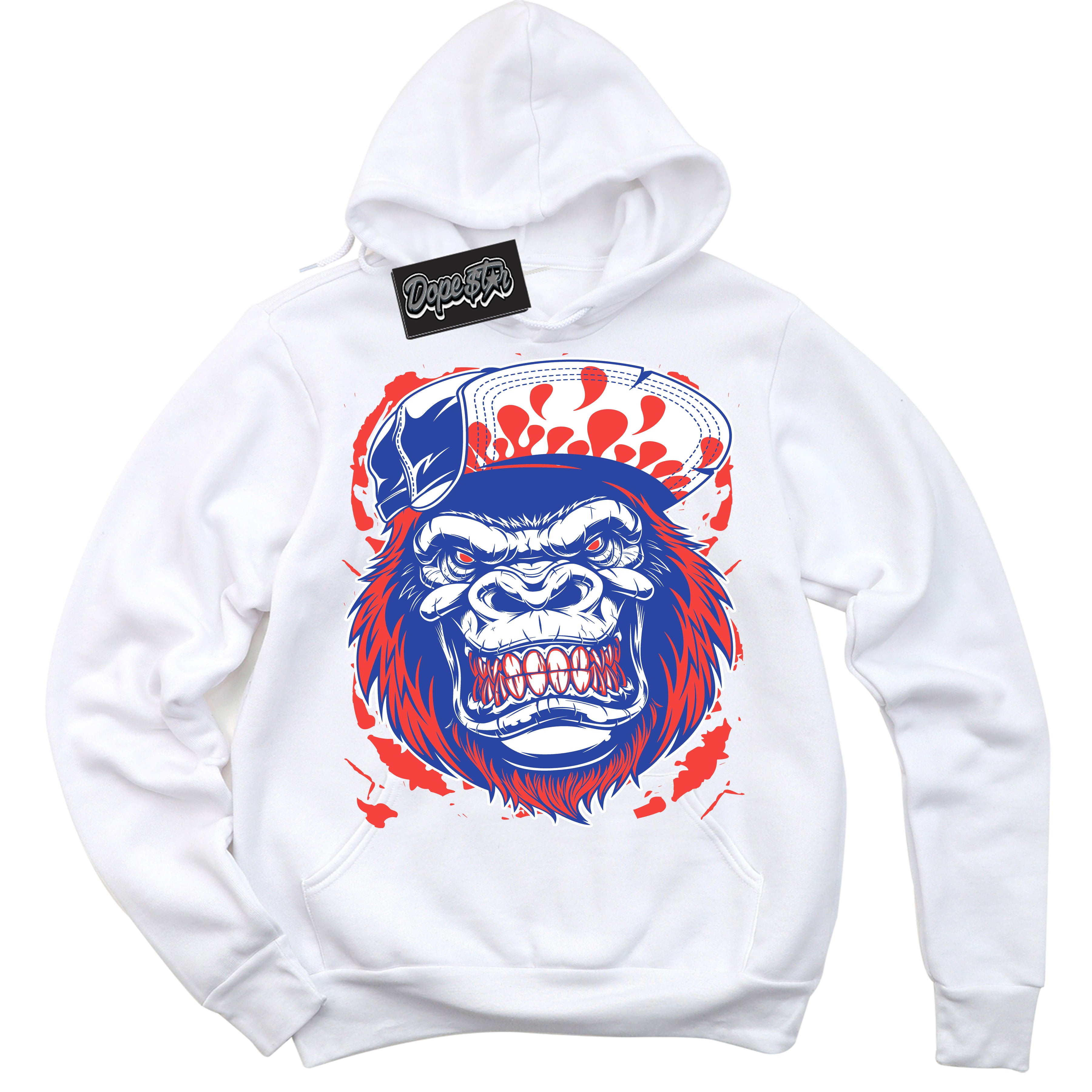 Cool White Hoodie with “ Gorilla Beast '' design that Perfectly Matches Ultramarine 180s Sneakers.