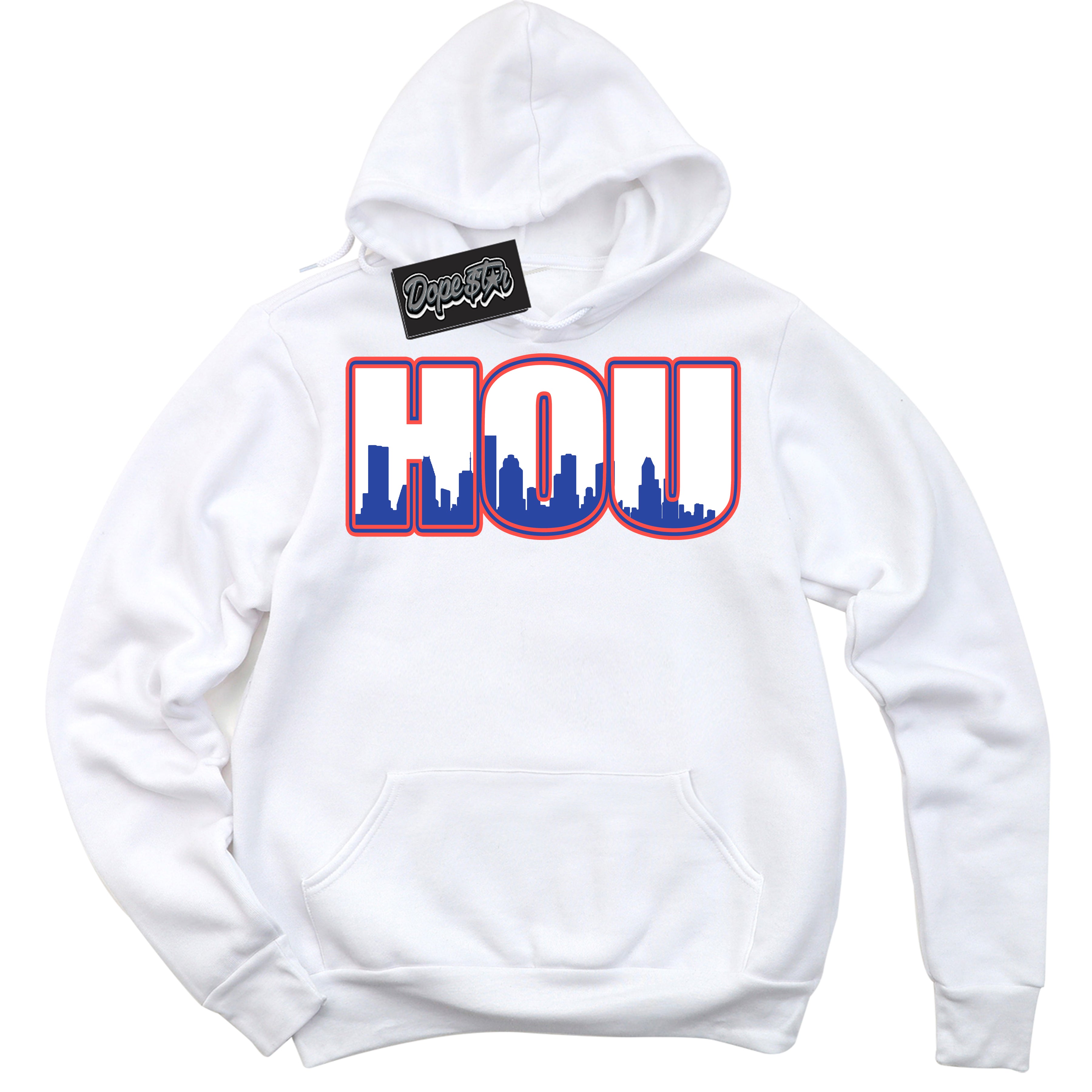 Cool White Hoodie with “ Houston '' design that Perfectly Matches Ultramarine 180s Sneakers.
