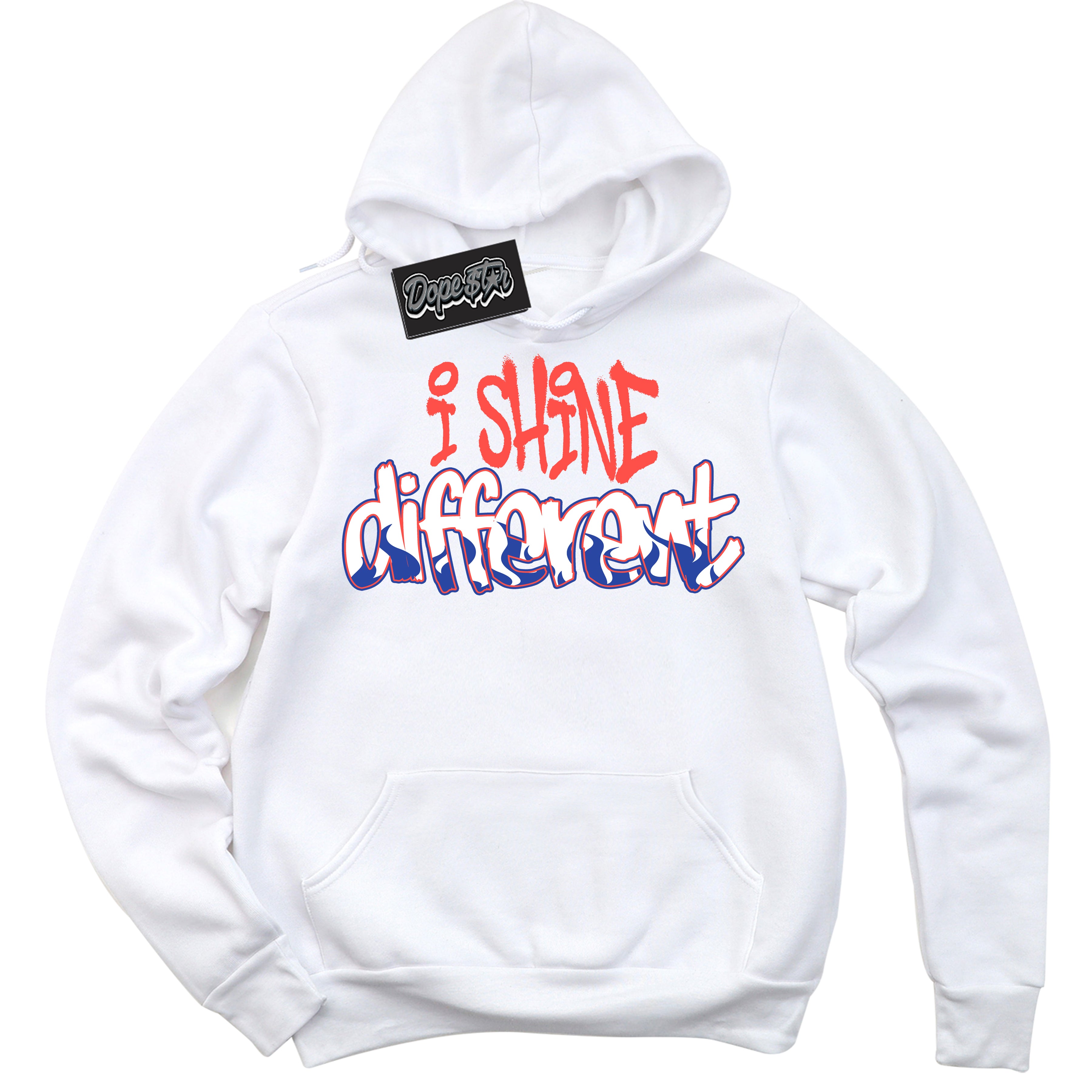 Cool White Hoodie with “ I Shine Different '' design that Perfectly Matches Ultramarine 180s Sneakers.
