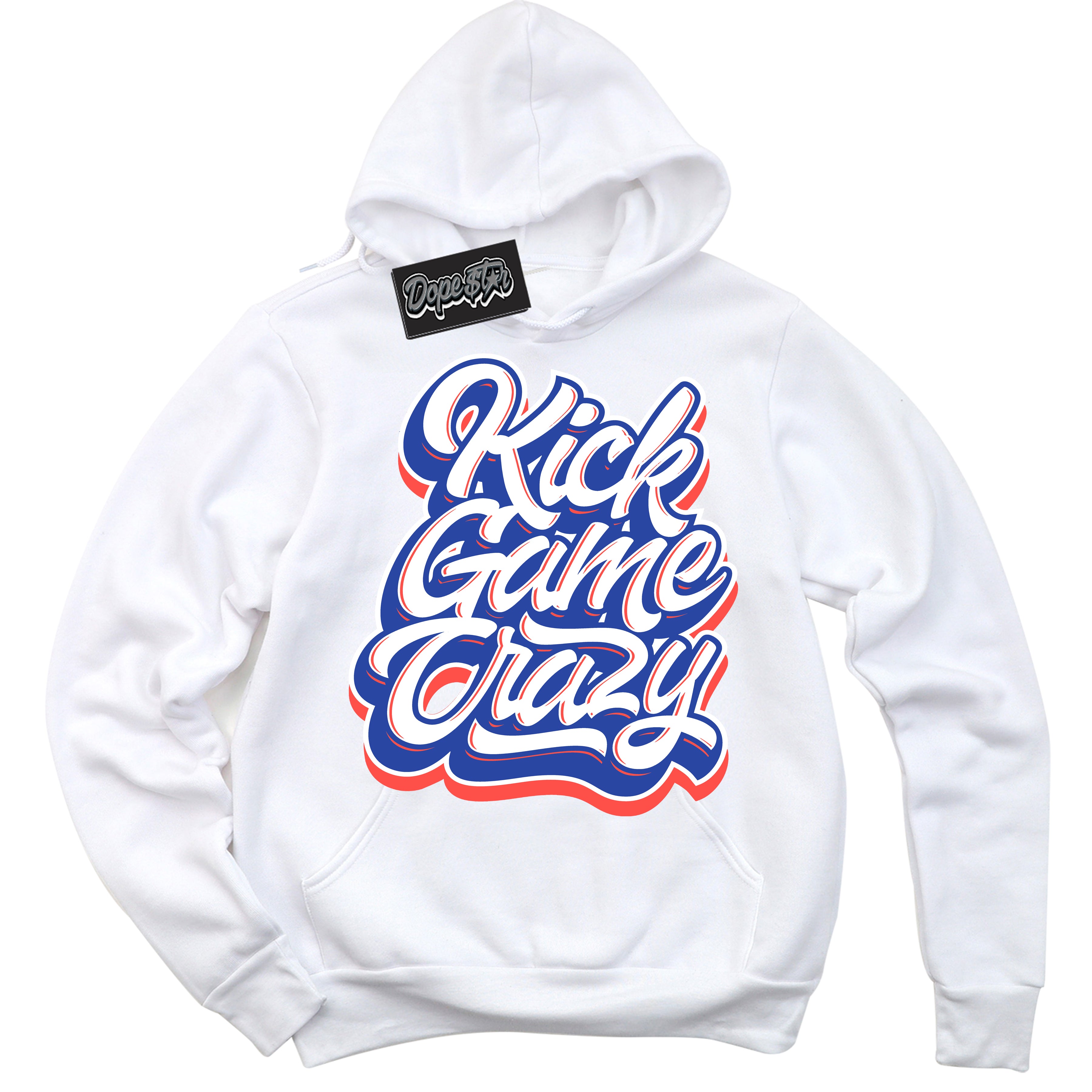 Cool White Hoodie with “ Kick Game Crazy '' design that Perfectly Matches Ultramarine 180s Sneakers.