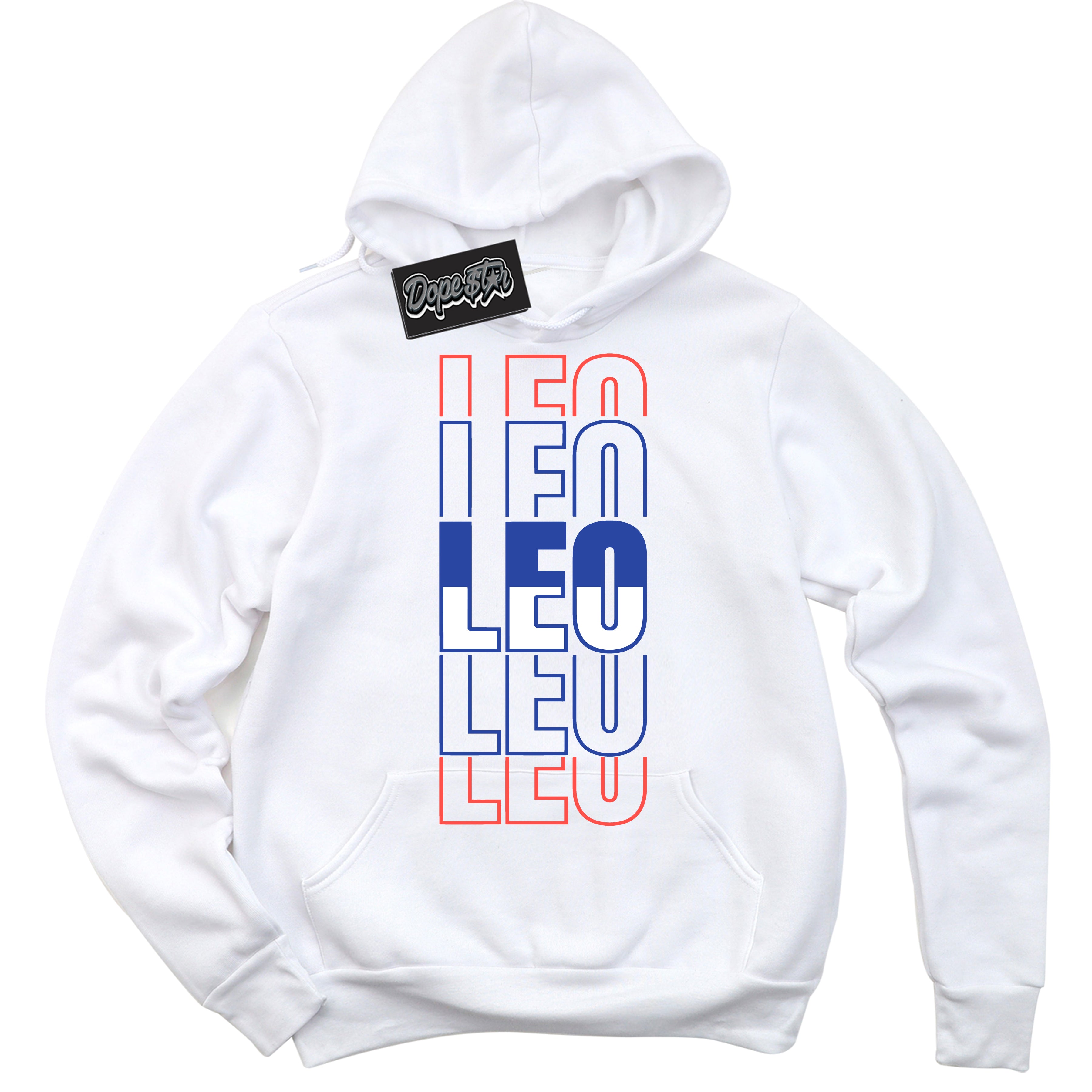 Cool White Hoodie with “ Leo '' design that Perfectly Matches Ultramarine 180s Sneakers.