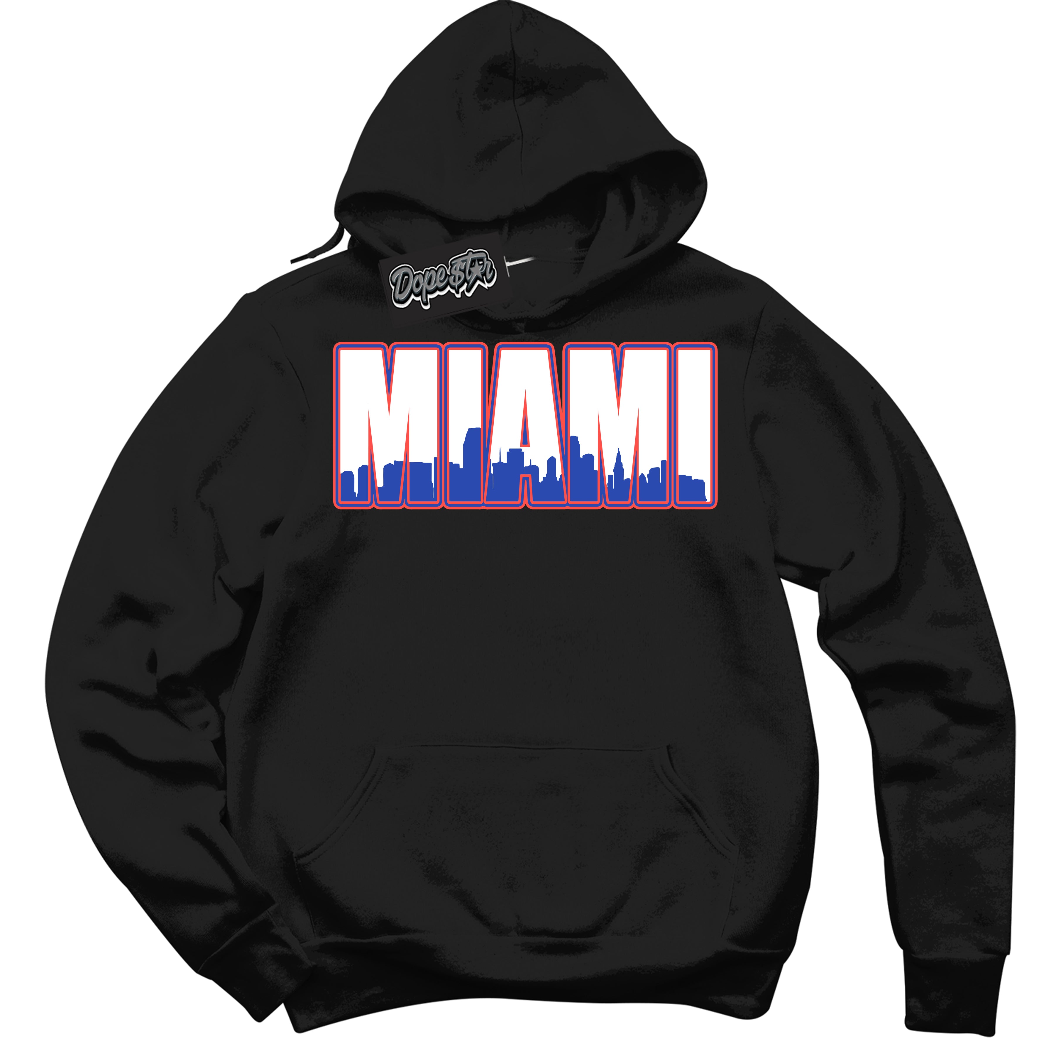 Cool Black Hoodie with “ Miami '' design that Perfectly Matches Ultramarine 180s Sneakers.