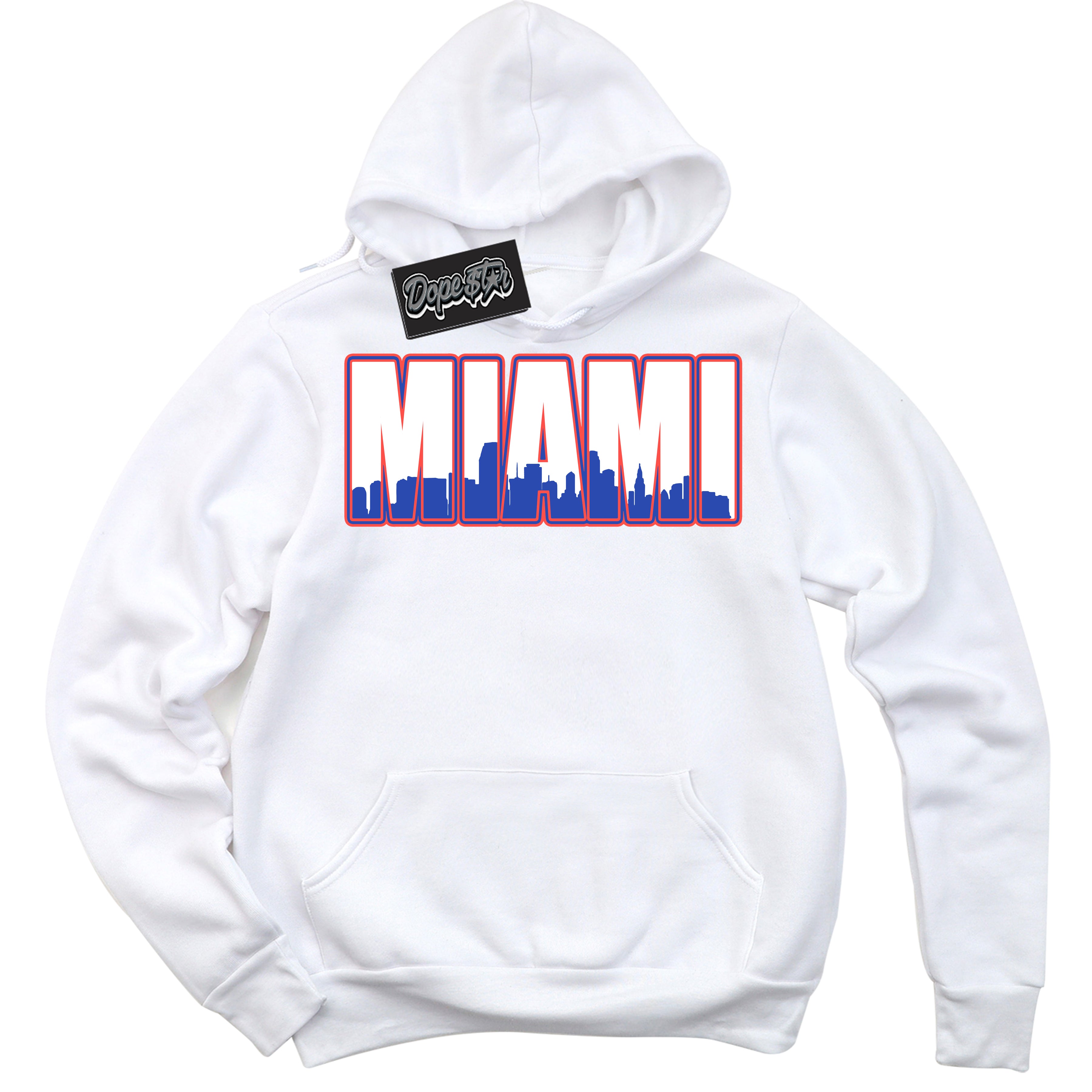 Cool White Hoodie with “ Miami '' design that Perfectly Matches Ultramarine 180s Sneakers.