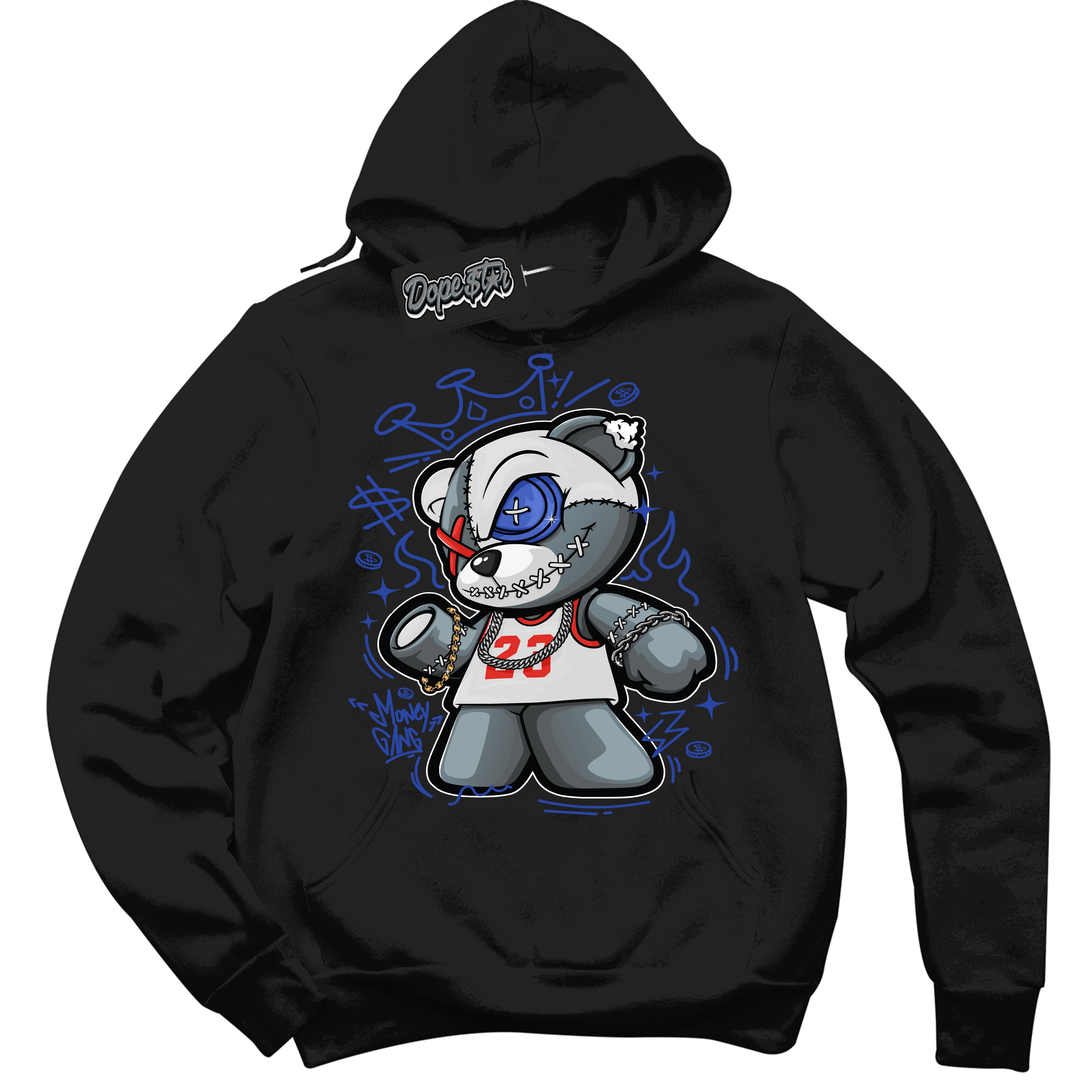 Cool Black Hoodie with “ Money Gang Bear '' design that Perfectly Matches Ultramarine 180s Sneakers.