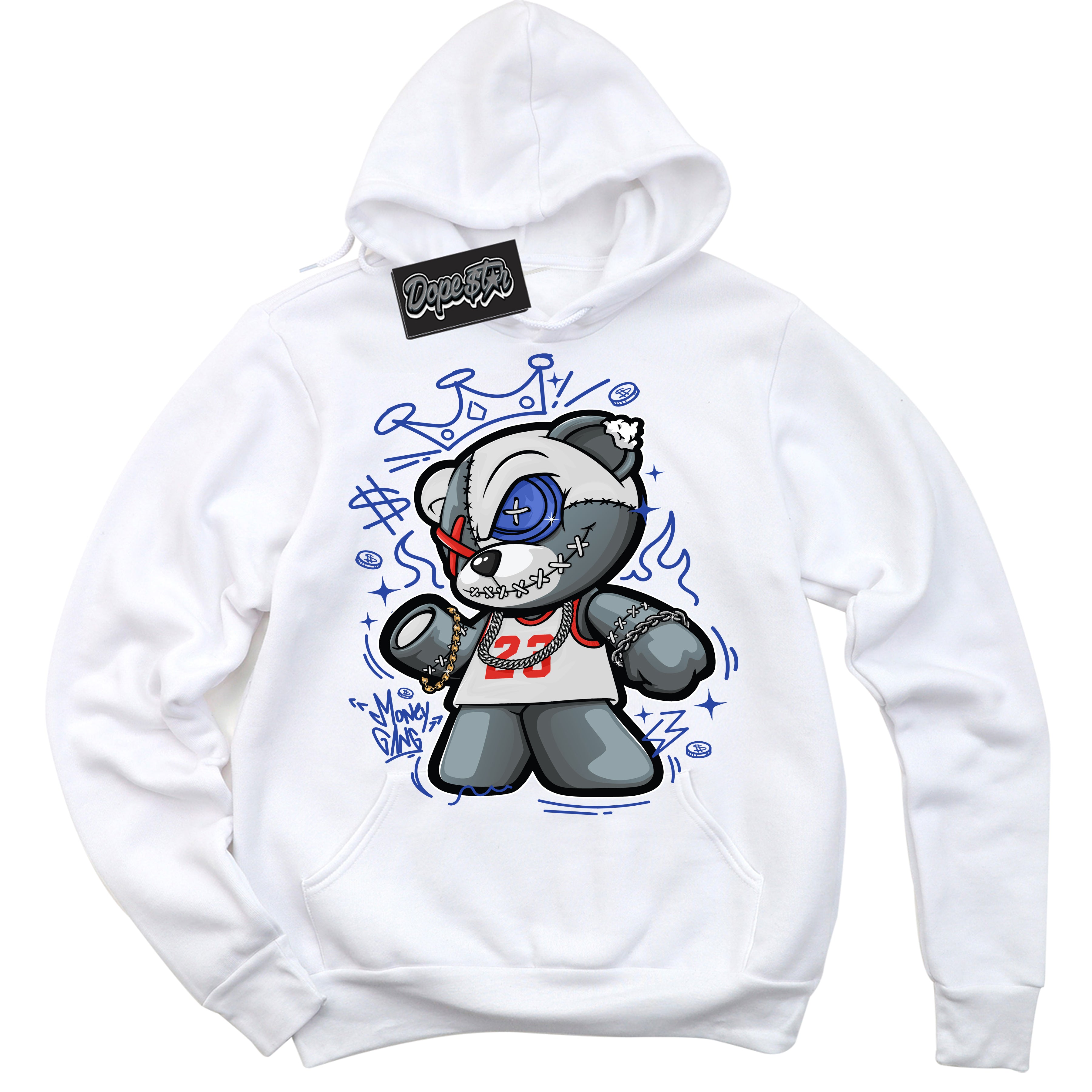 Cool White Hoodie with “ Money Gang Bear '' design that Perfectly Matches Ultramarine 180s Sneakers.
