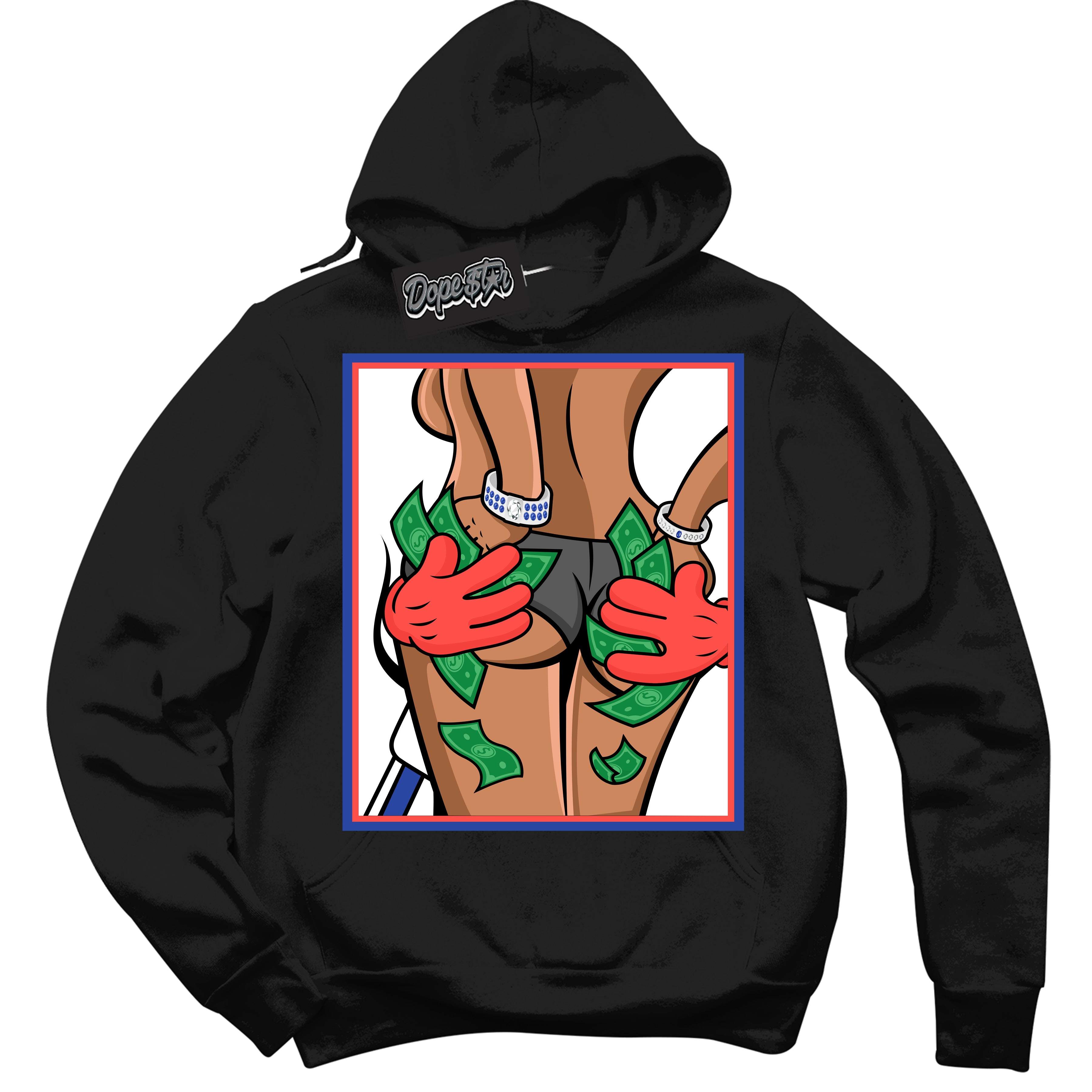 Cool Black Hoodie with “ Money Hands '' design that Perfectly Matches Ultramarine 180s Sneakers.