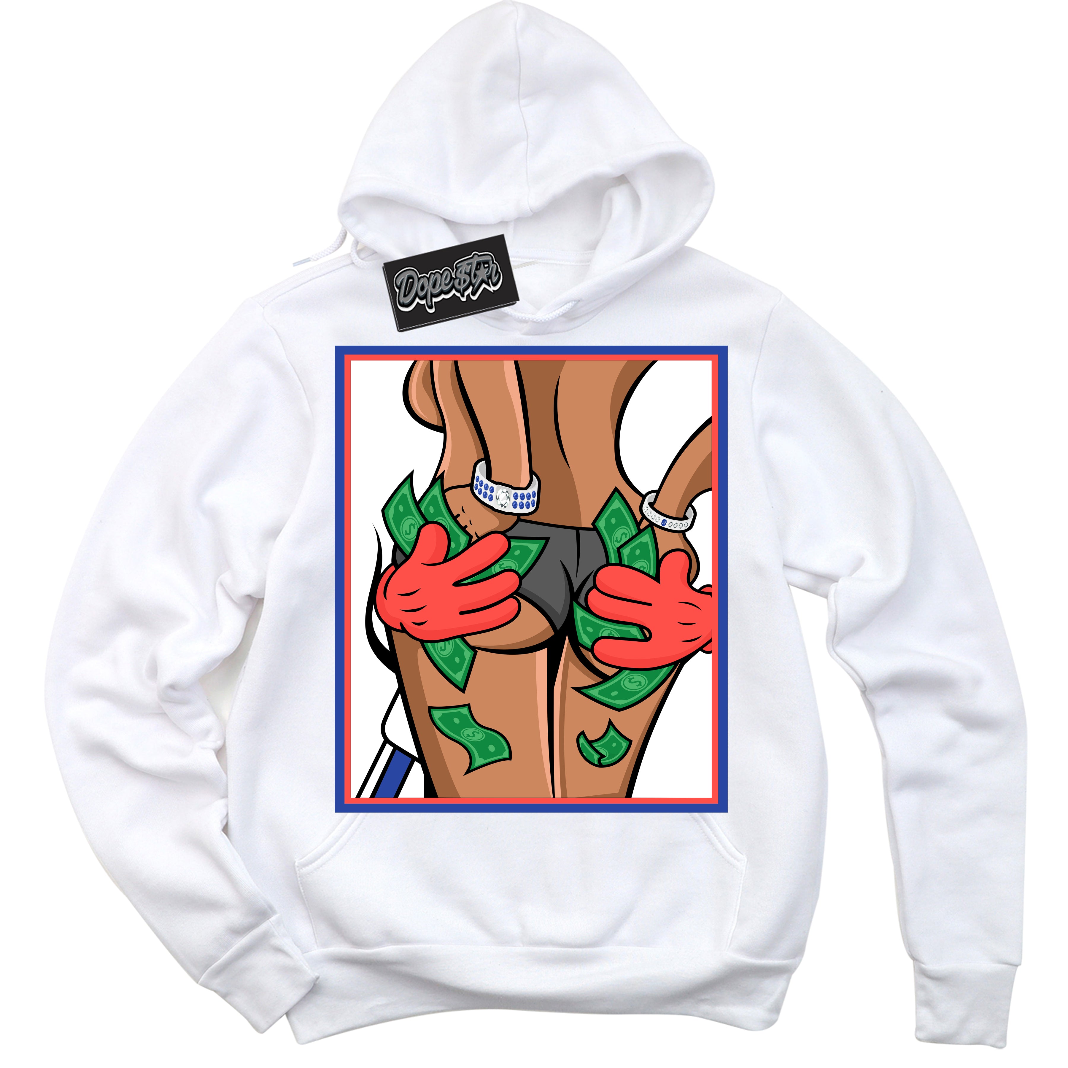 Cool White Hoodie with “ Money Hands '' design that Perfectly Matches Ultramarine 180s Sneakers.