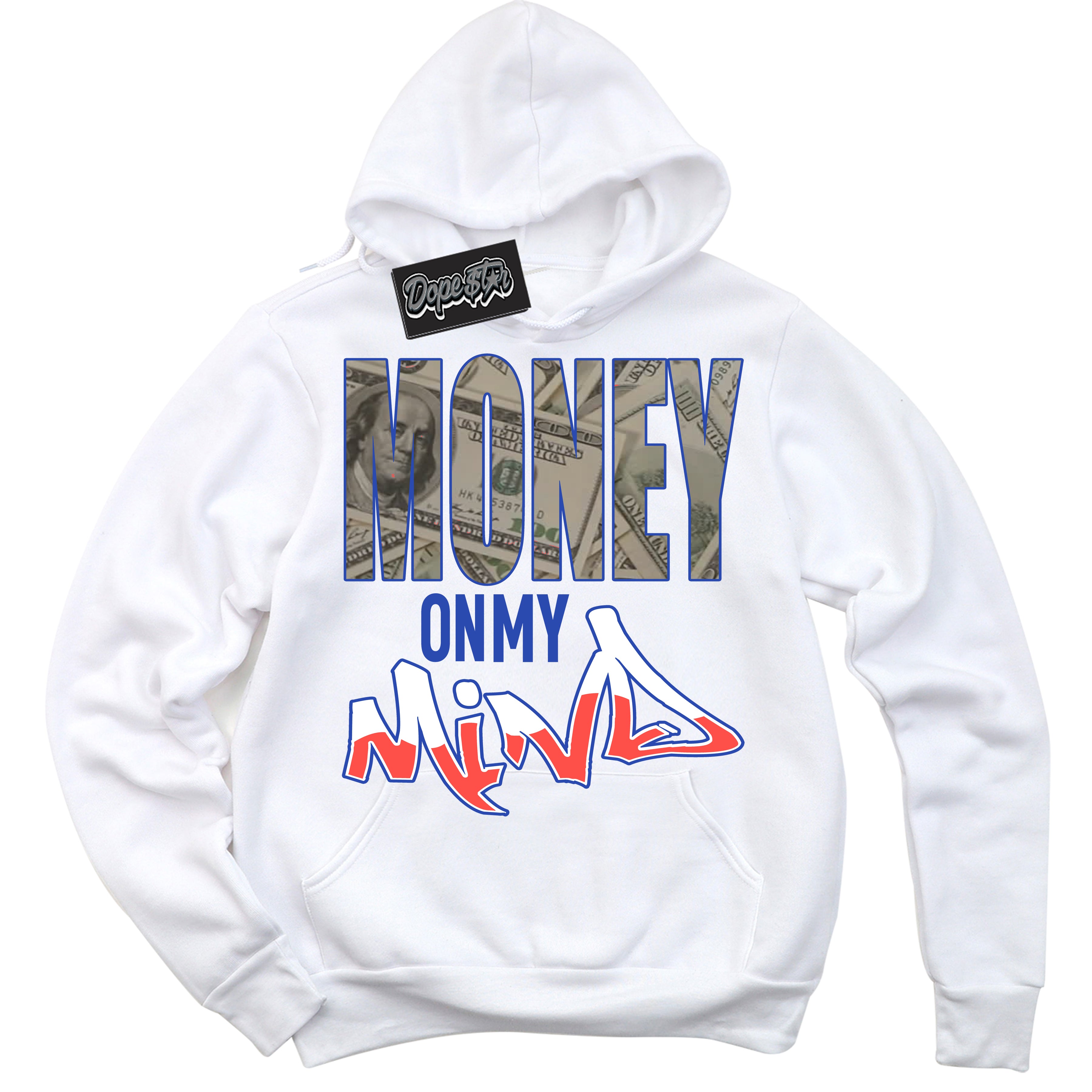 Cool White Hoodie with “ Money On My Mind '' design that Perfectly Matches Ultramarine 180s Sneakers.