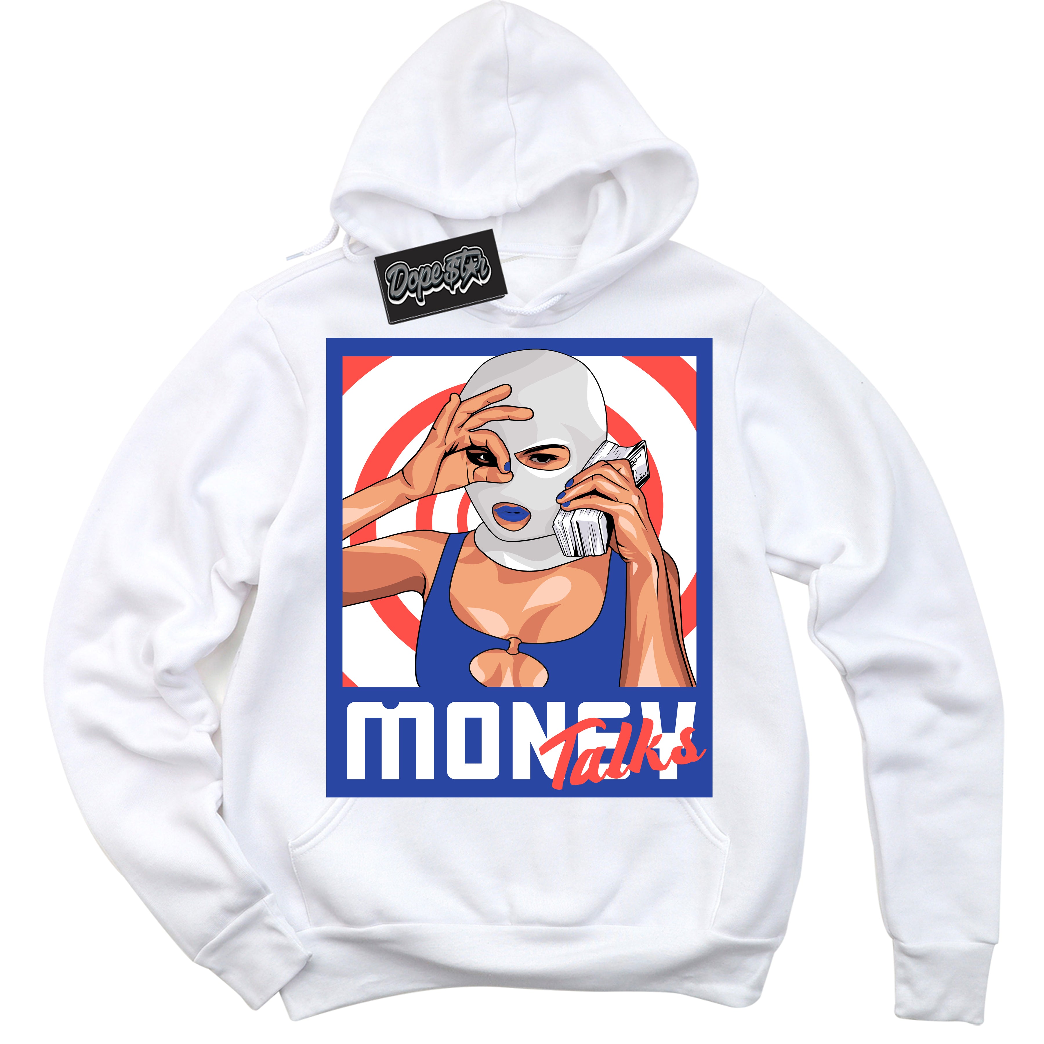 Cool White Hoodie with “ Money Talks '' design that Perfectly Matches Ultramarine 180s Sneakers.