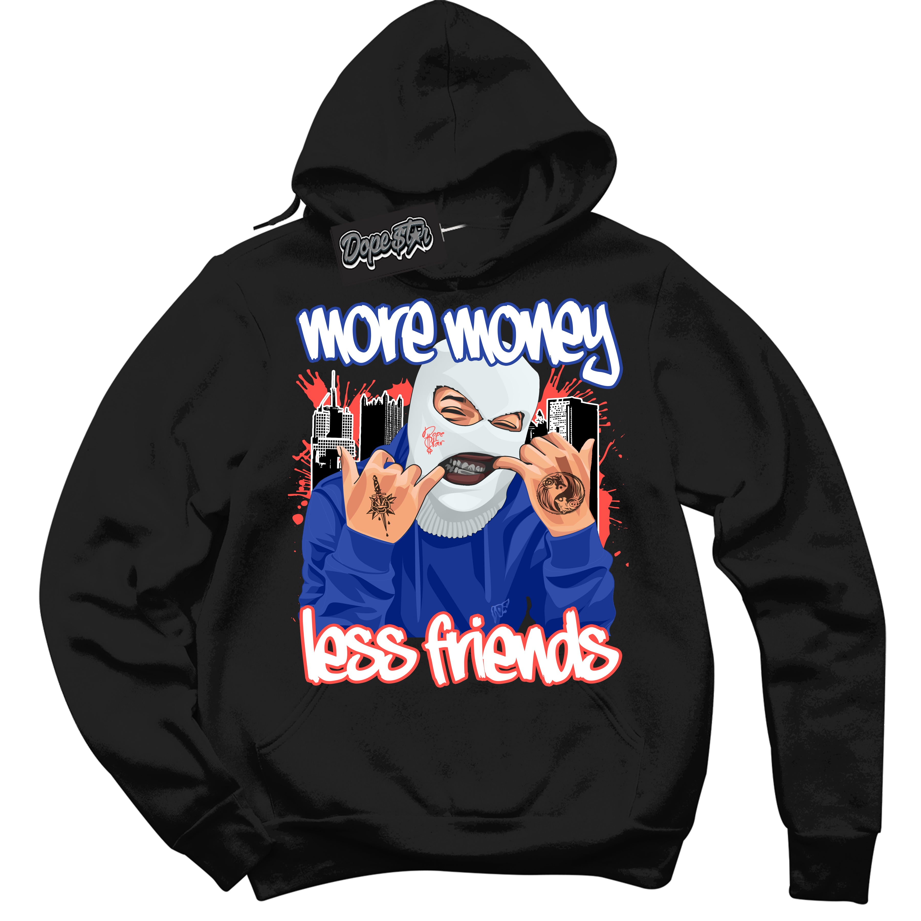 Cool Black Hoodie with “ More Money Less Friends '' design that Perfectly Matches Ultramarine 180s Sneakers.