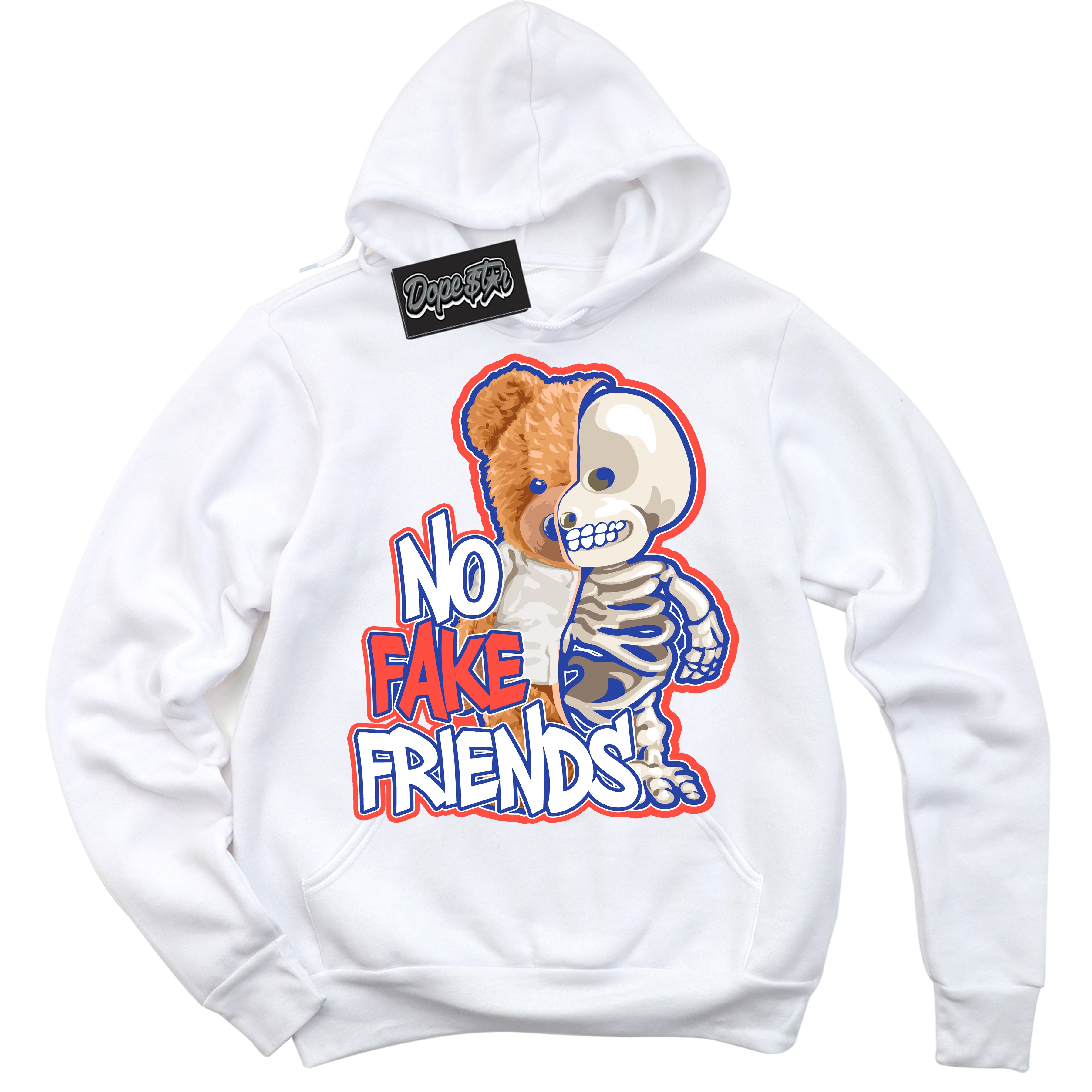 Cool White Hoodie with “ No Fake Friends '' design that Perfectly Matches Ultramarine 180s Sneakers.