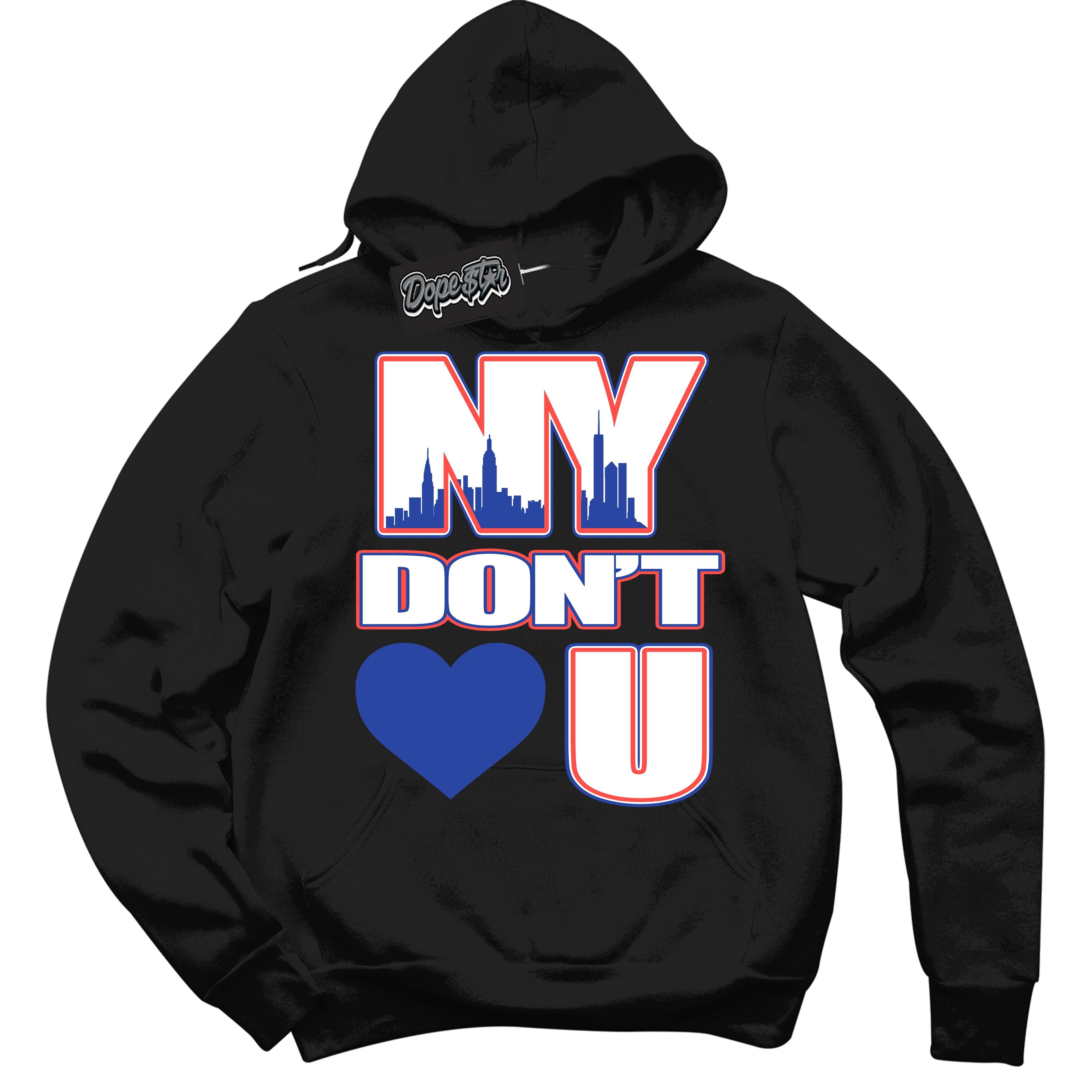 Cool Black Hoodie with “ NY Don't Love You '' design that Perfectly Matches Ultramarine 180s Sneakers.