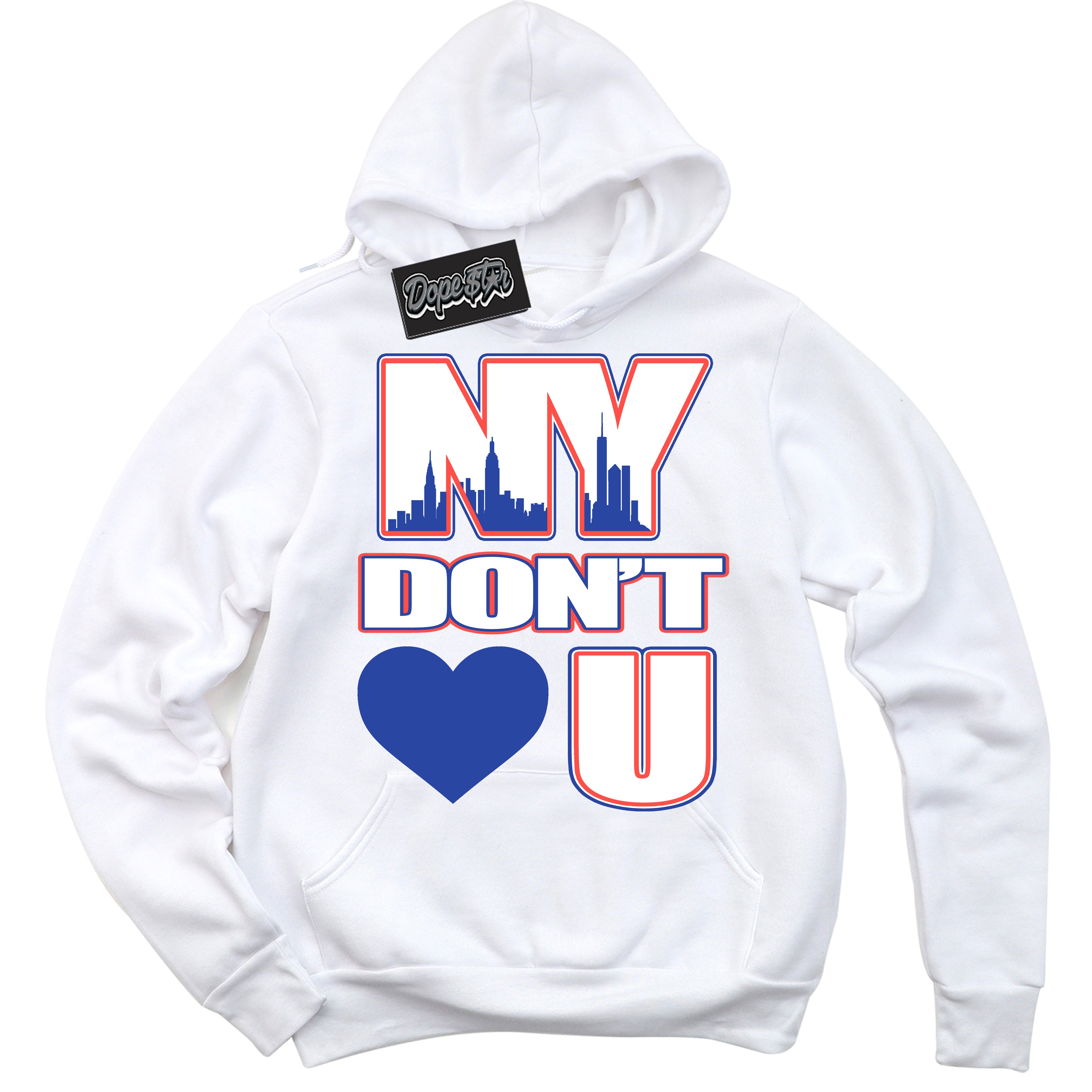 Cool White Hoodie with “ NY Don't Love You '' design that Perfectly Matches Ultramarine 180s Sneakers.