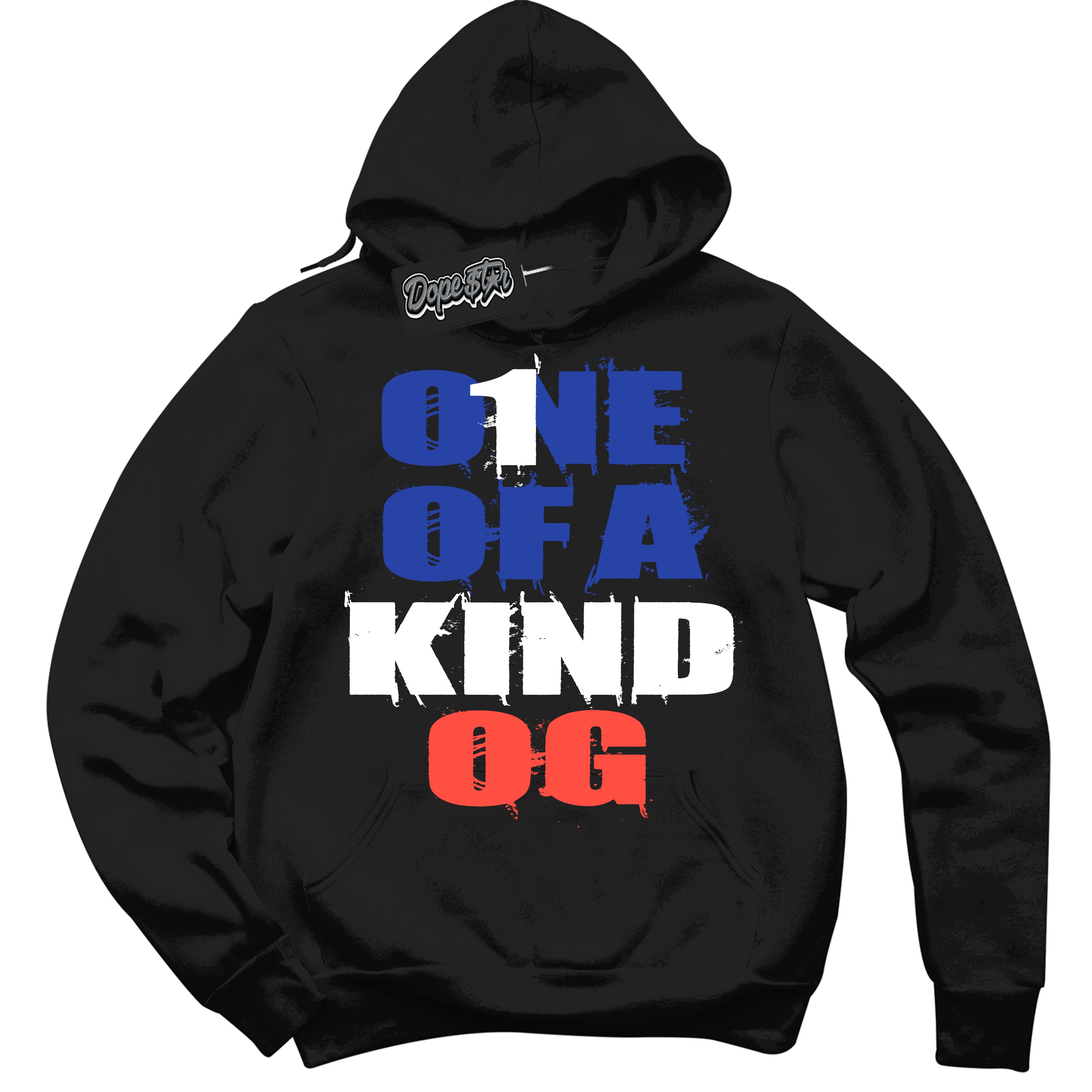 Cool Black Hoodie with “ One Of A Kind '' design that Perfectly Matches Ultramarine 180s Sneakers.