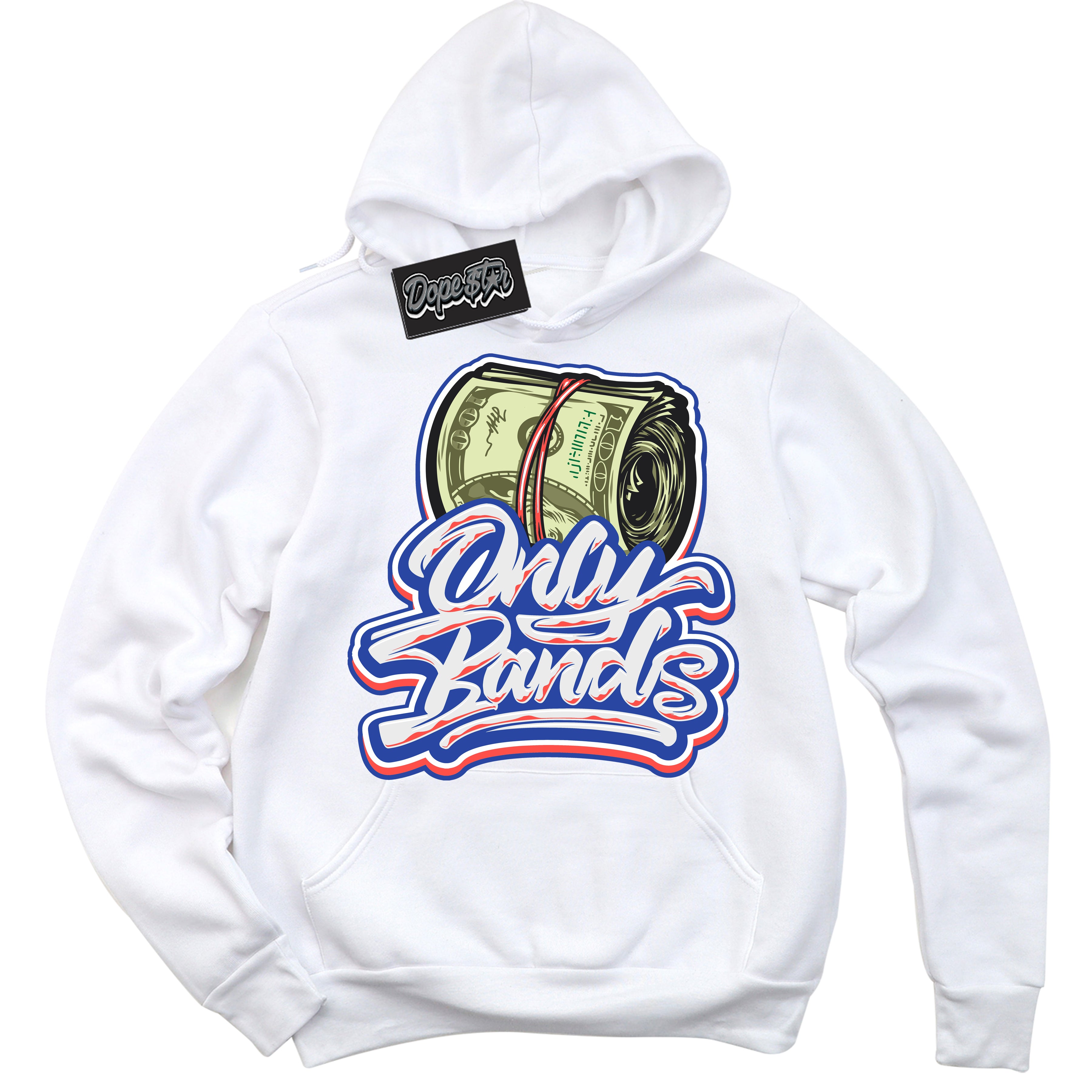 Cool White Hoodie with “ Only Bands '' design that Perfectly Matches Ultramarine 180s Sneakers.