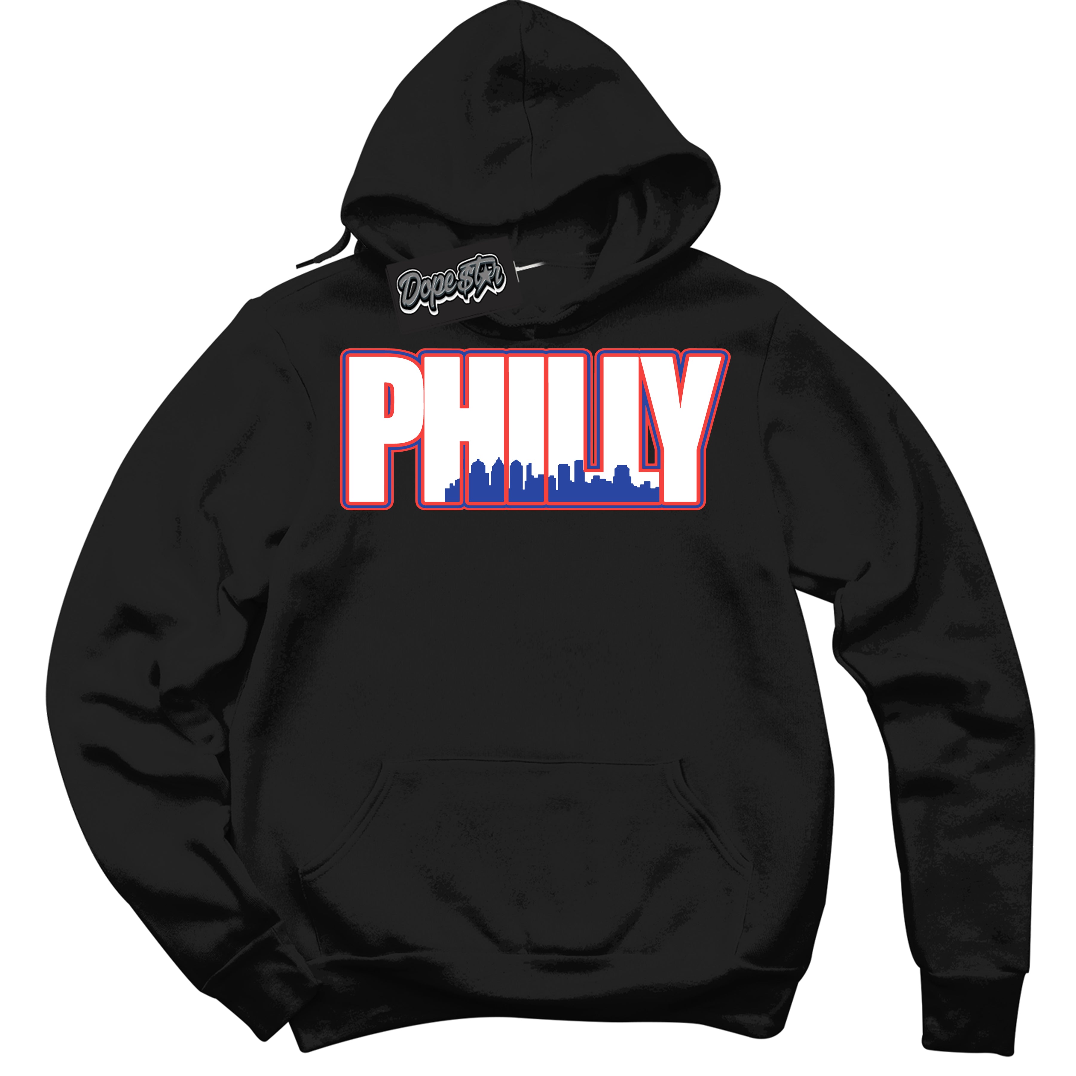 Cool Black Hoodie with “ Philly '' design that Perfectly Matches Ultramarine 180s Sneakers.