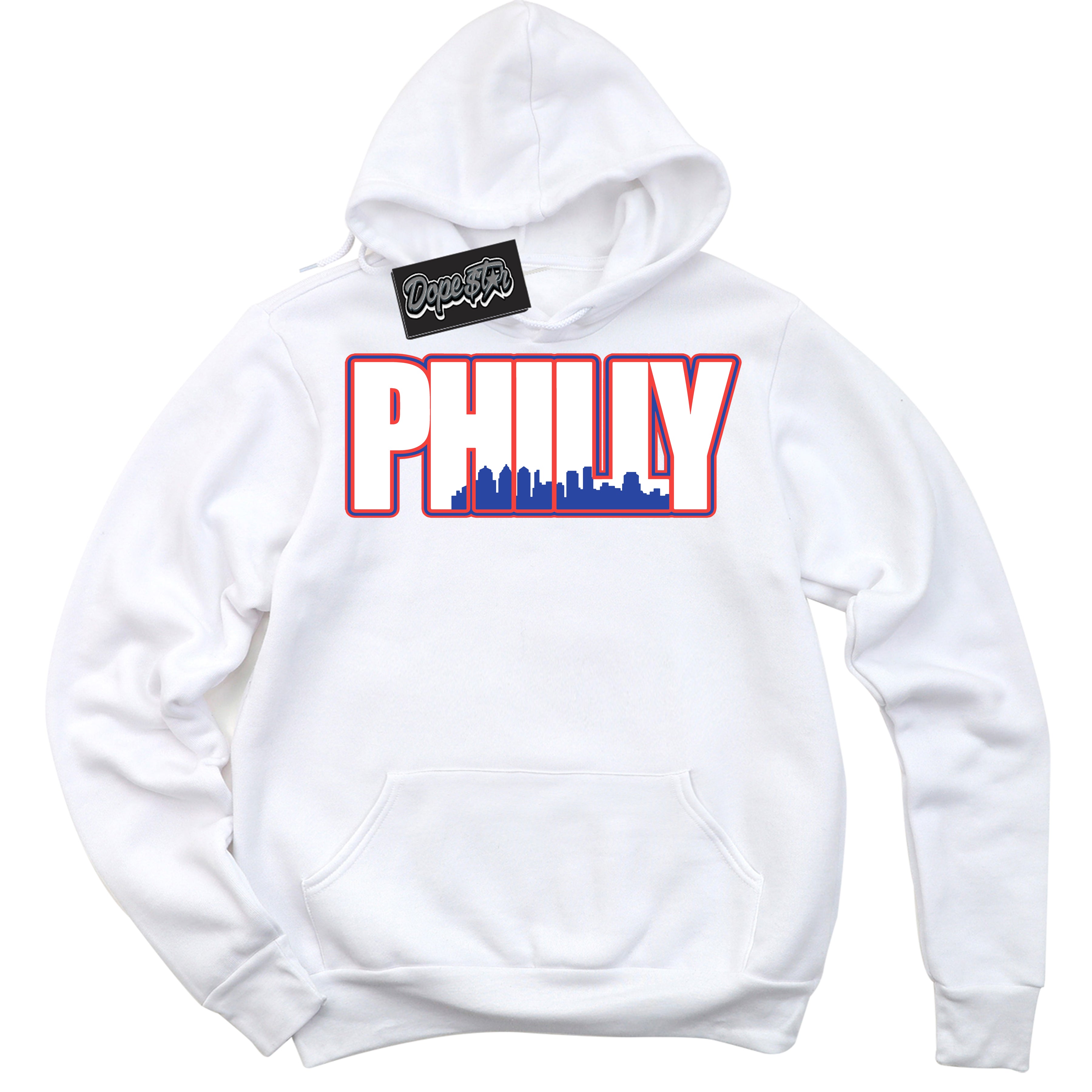 Cool White Hoodie with “ Philly '' design that Perfectly Matches Ultramarine 180s Sneakers.