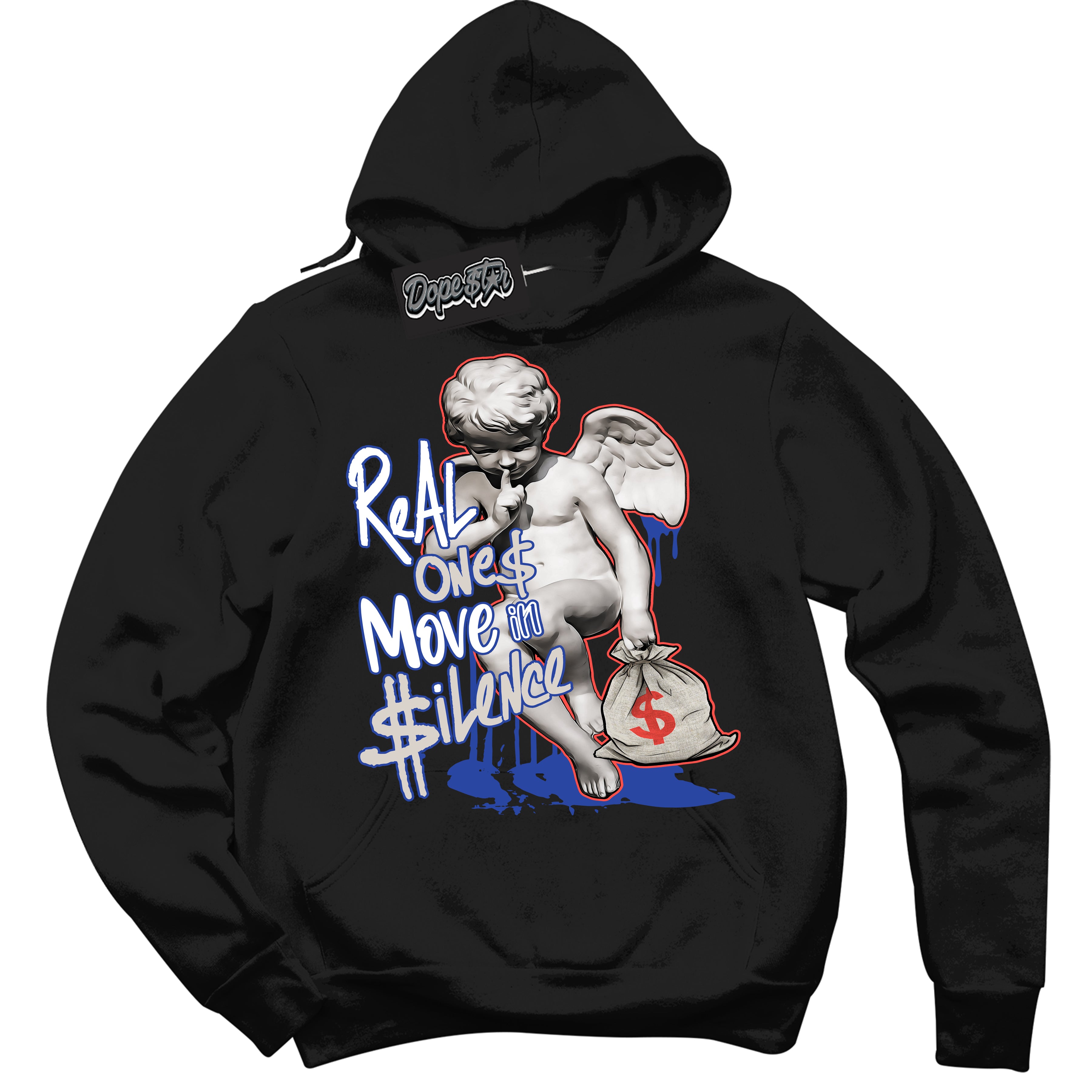 Cool Black Hoodie with “ Real Ones Cherub '' design that Perfectly Matches Ultramarine 180s Sneakers.