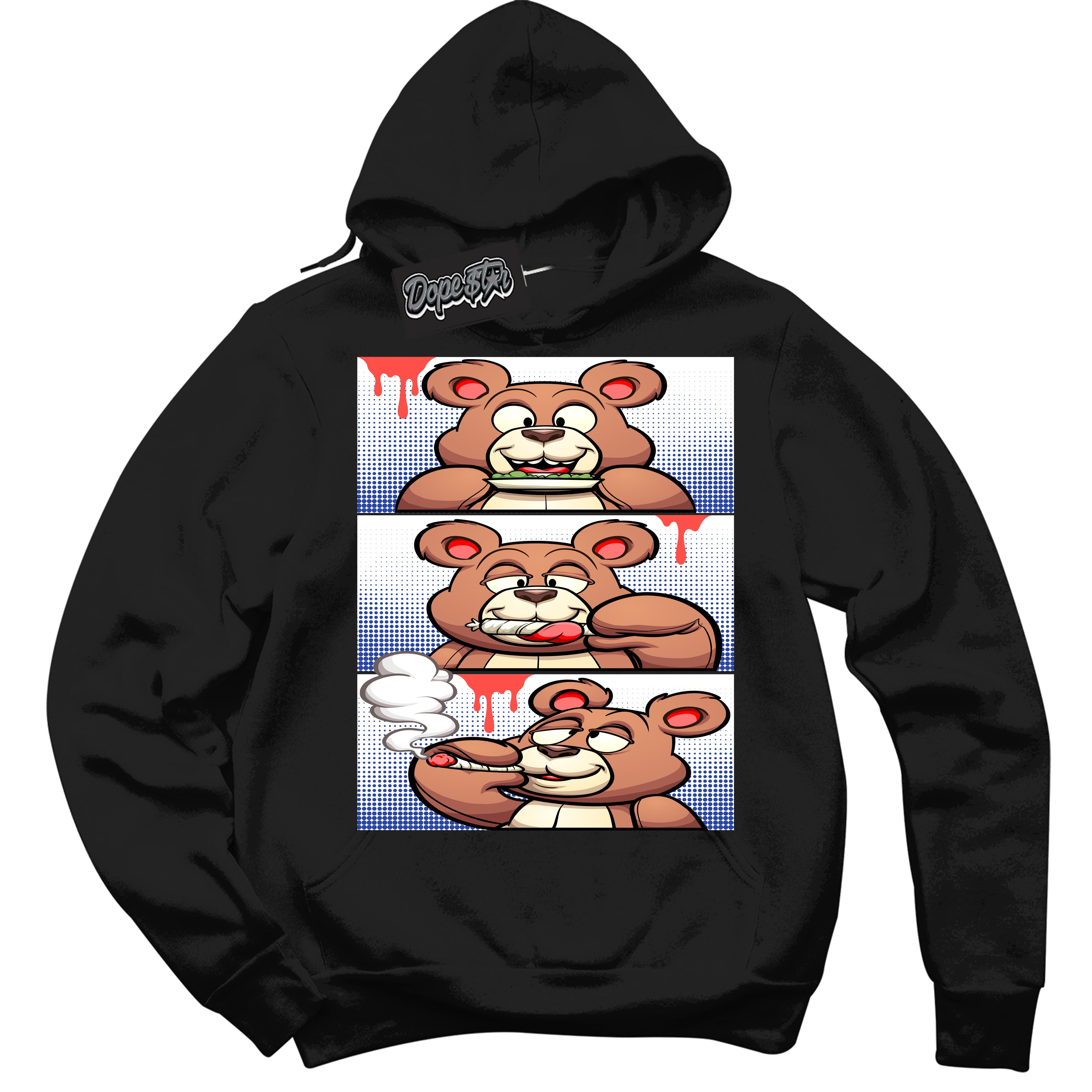 Cool Black Hoodie with “ Roll It Lick It Smoke It Bear '' design that Perfectly Matches Ultramarine 180s Sneakers.