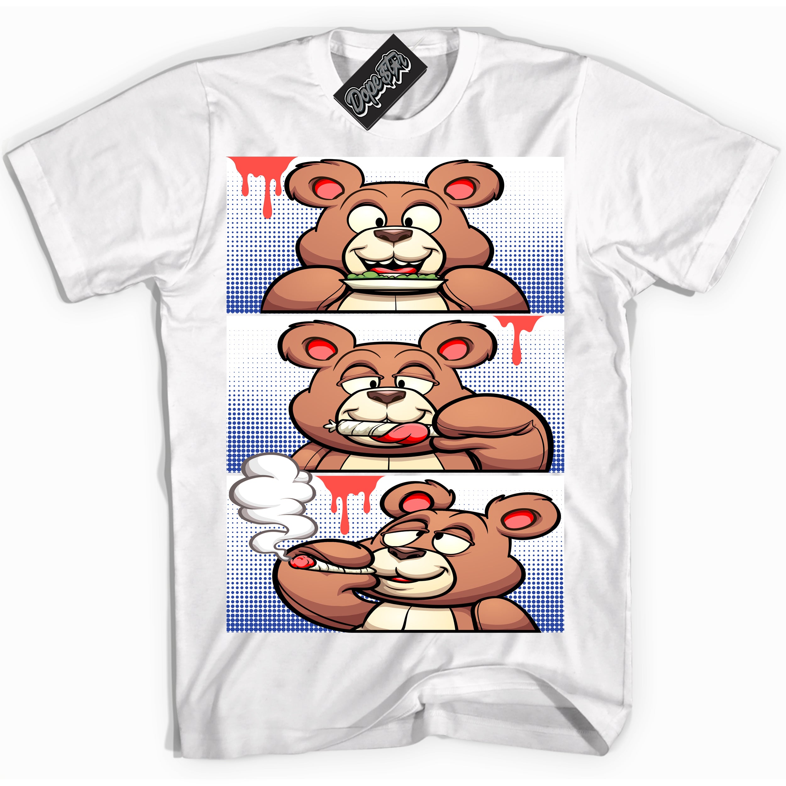 Cool White Shirt with “ Roll It Lick It Smoke It Bear ” design that perfectly matches Ultramarine 180s Sneakers.
