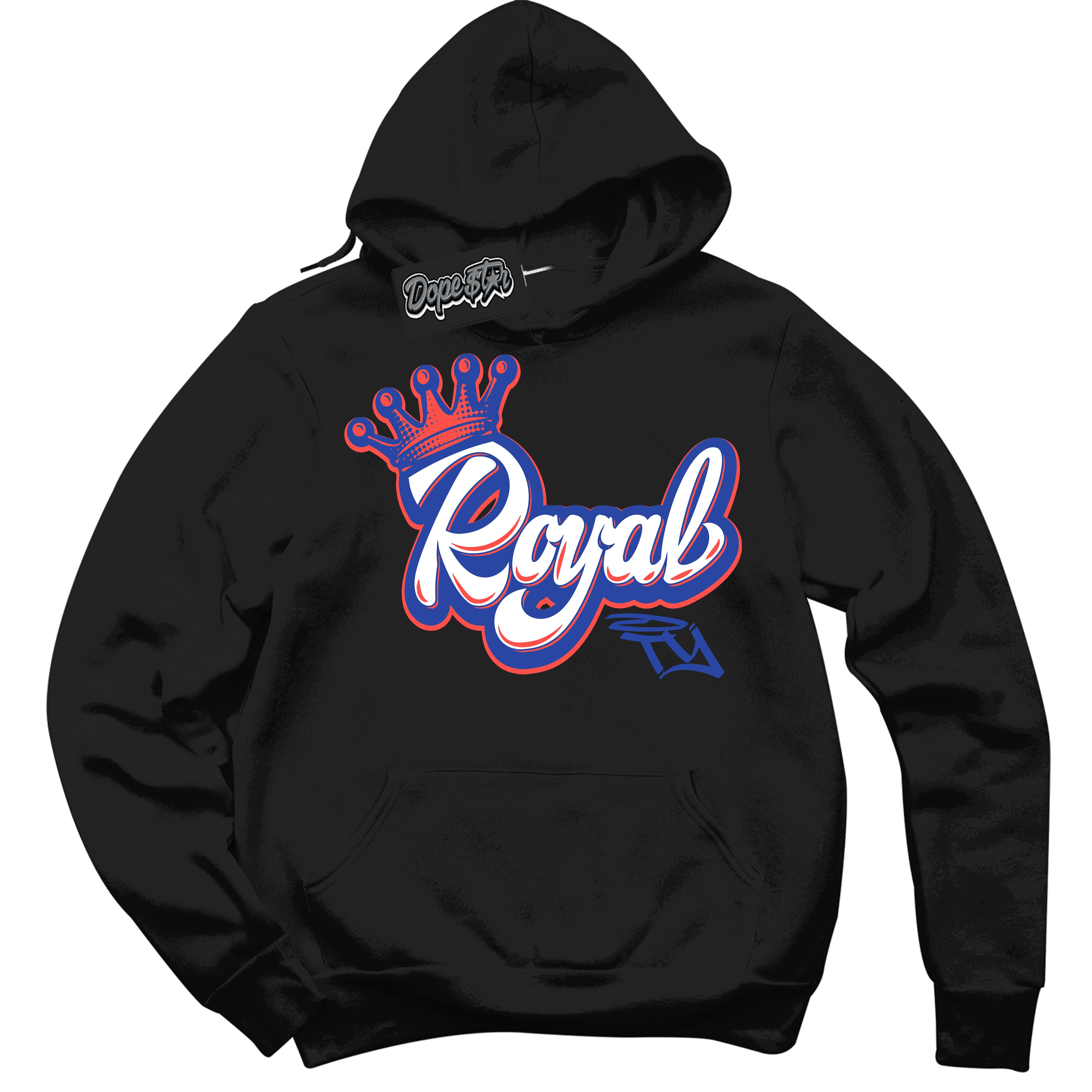 Cool Black Hoodie with “ Royalty '' design that Perfectly Matches Ultramarine 180s Sneakers.