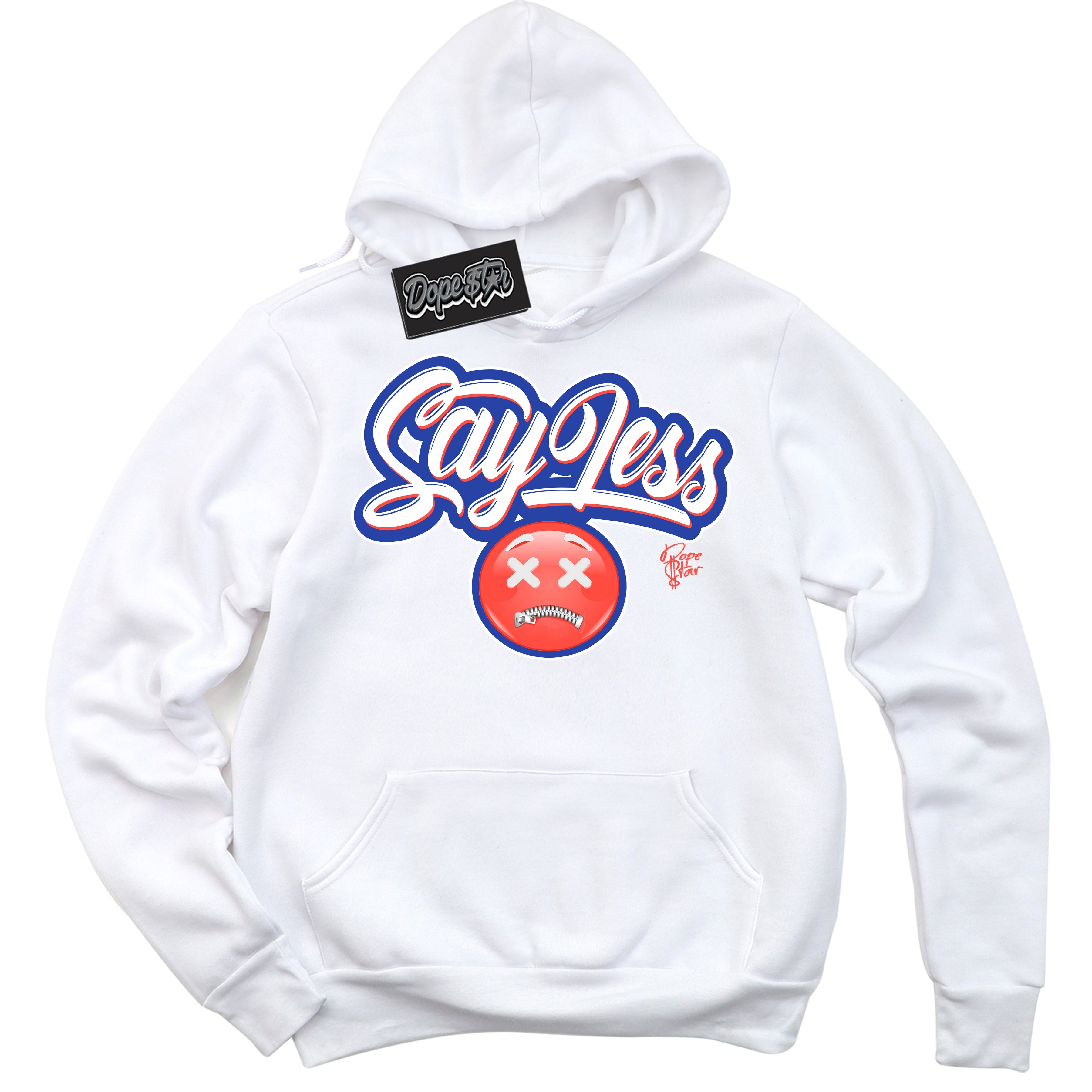 Cool White Hoodie with “ Say Less '' design that Perfectly Matches Ultramarine 180s Sneakers.