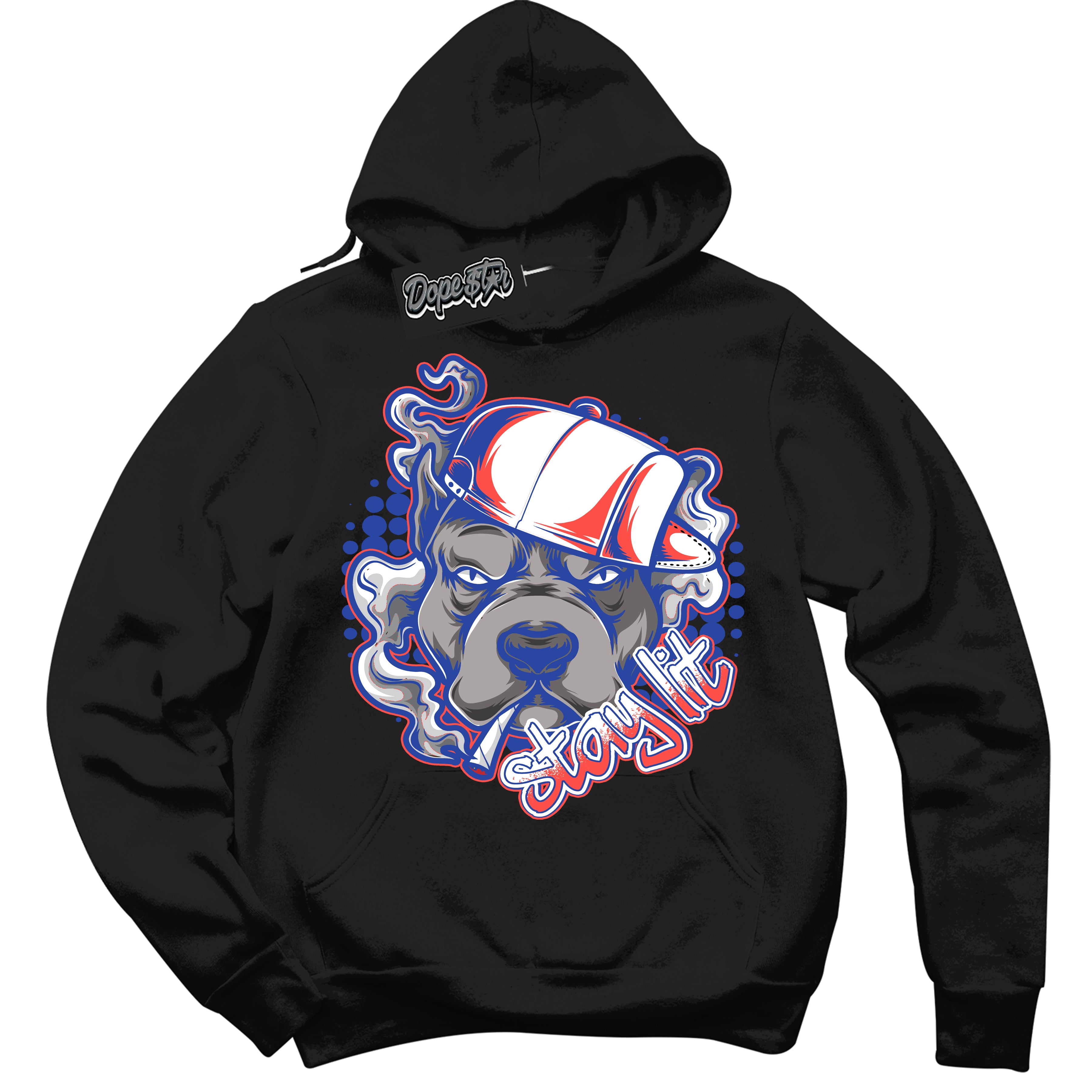 Cool Black Hoodie with “ Stay Lit '' design that Perfectly Matches Ultramarine 180s Sneakers.
