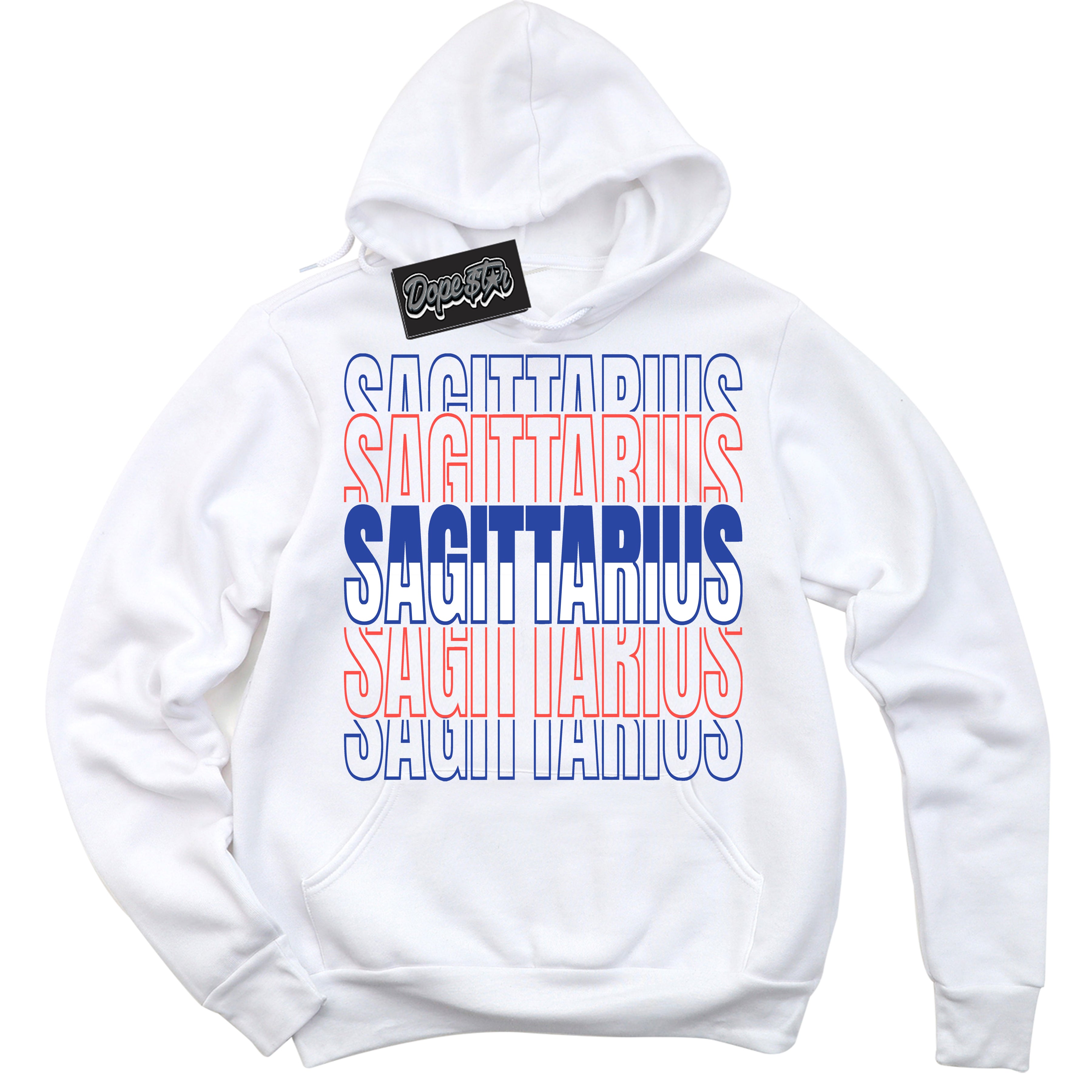 Cool White Hoodie with “ Sagittarius '' design that Perfectly Matches Ultramarine 180s Sneakers.