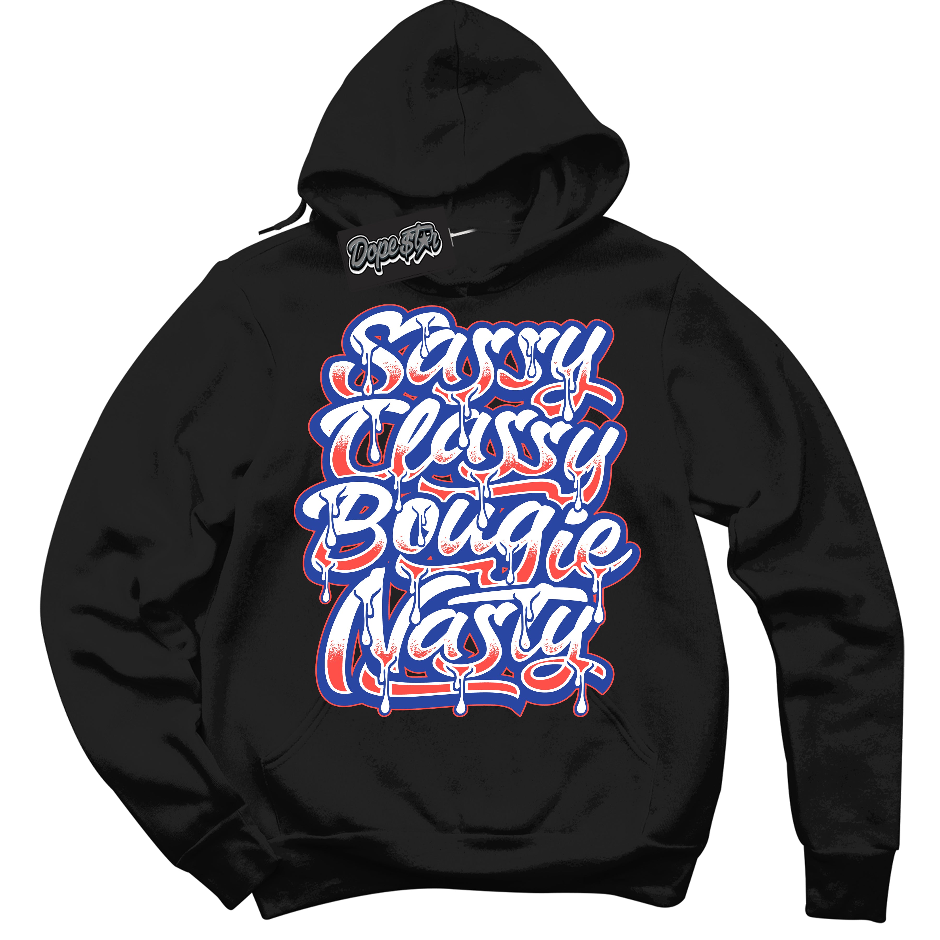 Cool Black Hoodie with “ Sassy Classy '' design that Perfectly Matches Ultramarine 180s Sneakers.