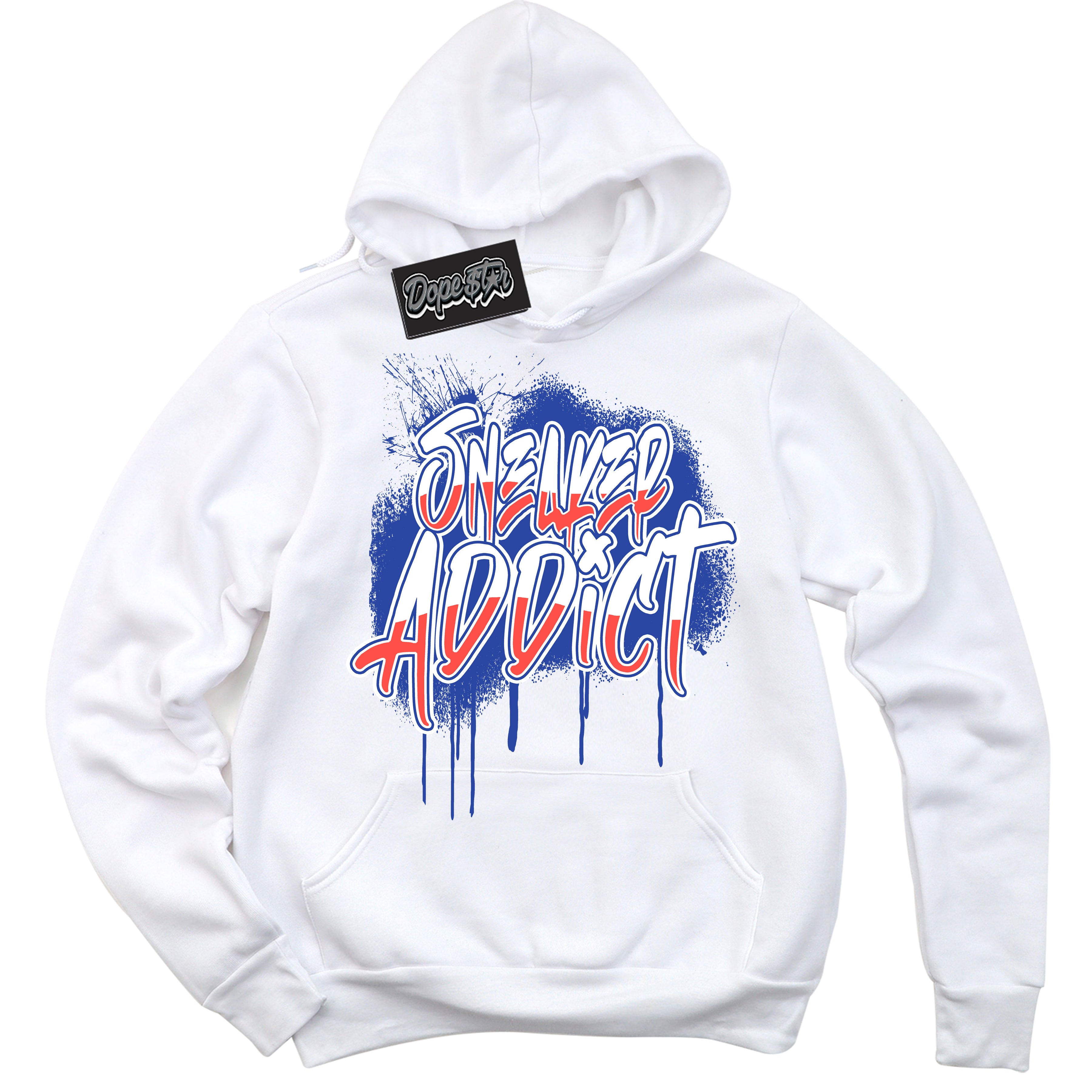 Cool White Hoodie with “ Sneaker Addict '' design that Perfectly Matches Ultramarine 180s Sneakers.