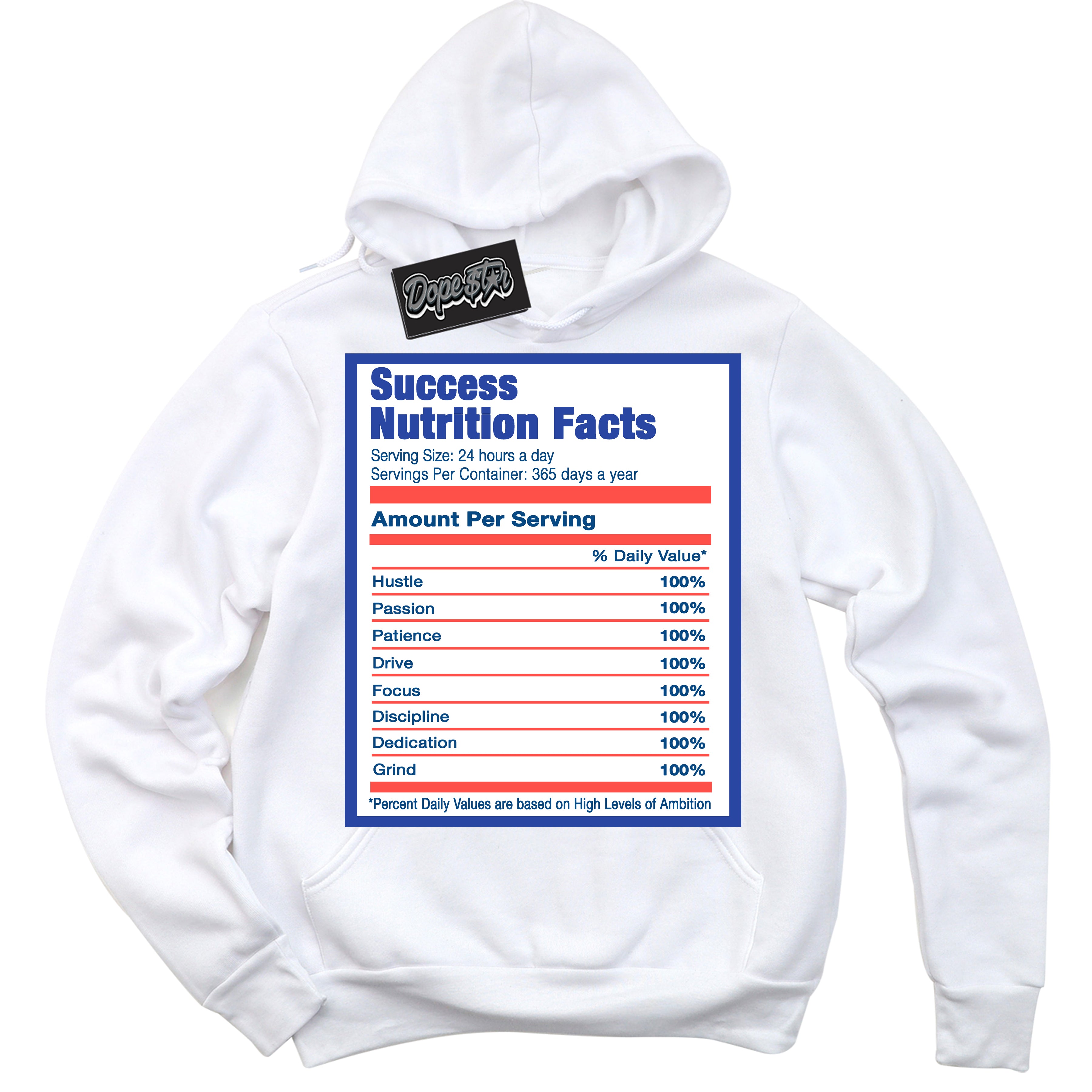 Cool White Hoodie with “ Success Nutrition '' design that Perfectly Matches Ultramarine 180s Sneakers.