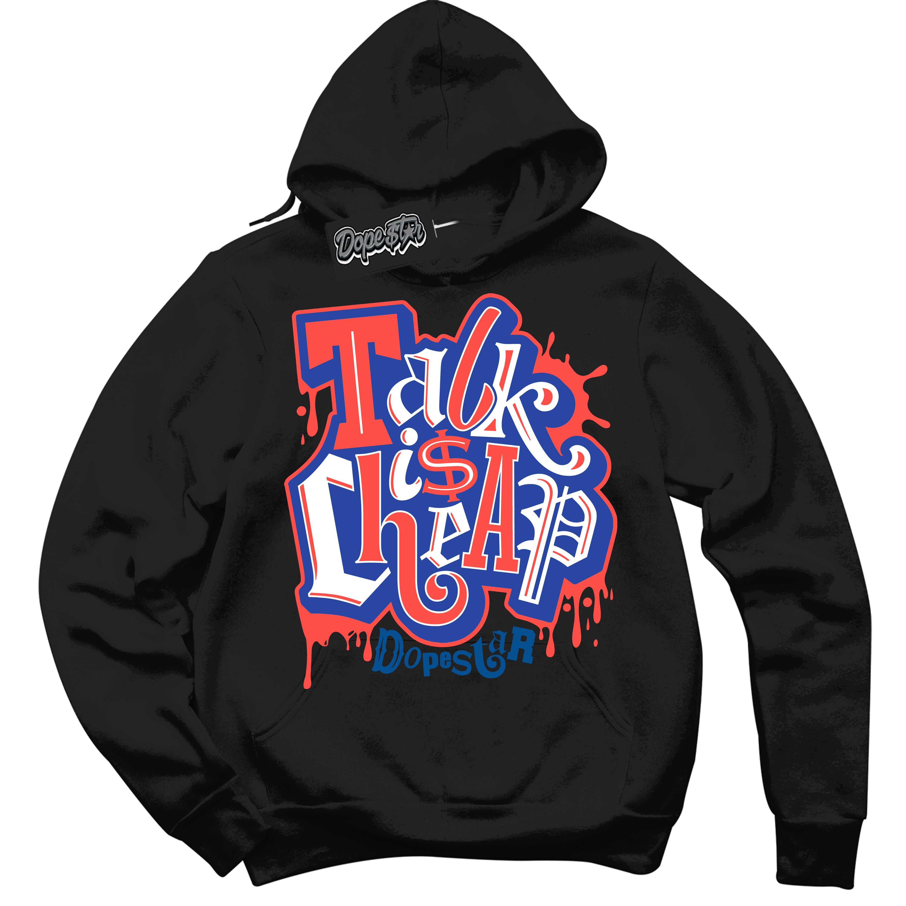 Cool Black Hoodie with “ Talk Is Cheap '' design that Perfectly Matches Ultramarine 180s Sneakers.