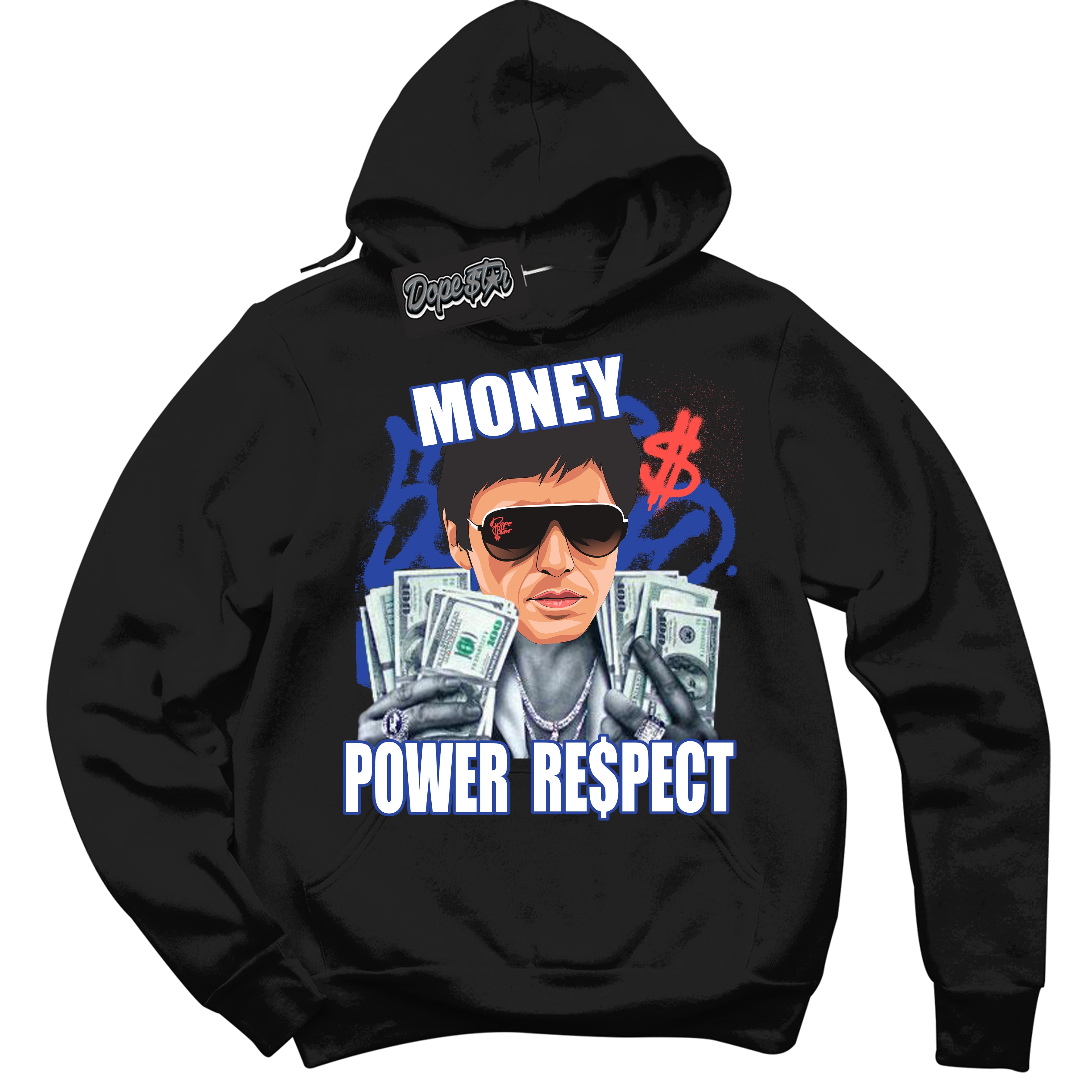 Cool Black Hoodie with “ Tony Montana '' design that Perfectly Matches Ultramarine 180s Sneakers.
