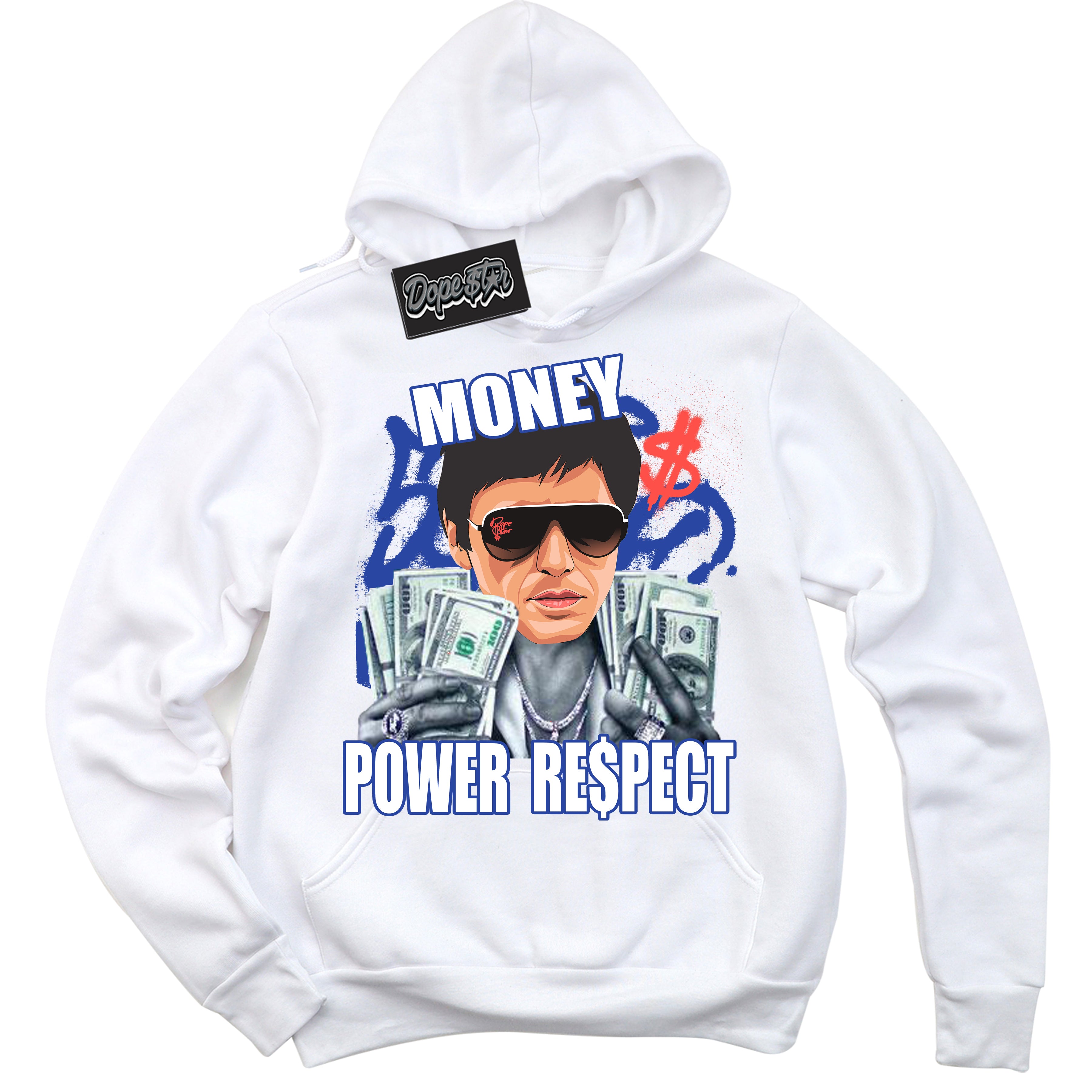 Cool White Hoodie with “ Tony Montana '' design that Perfectly Matches Ultramarine 180s Sneakers.