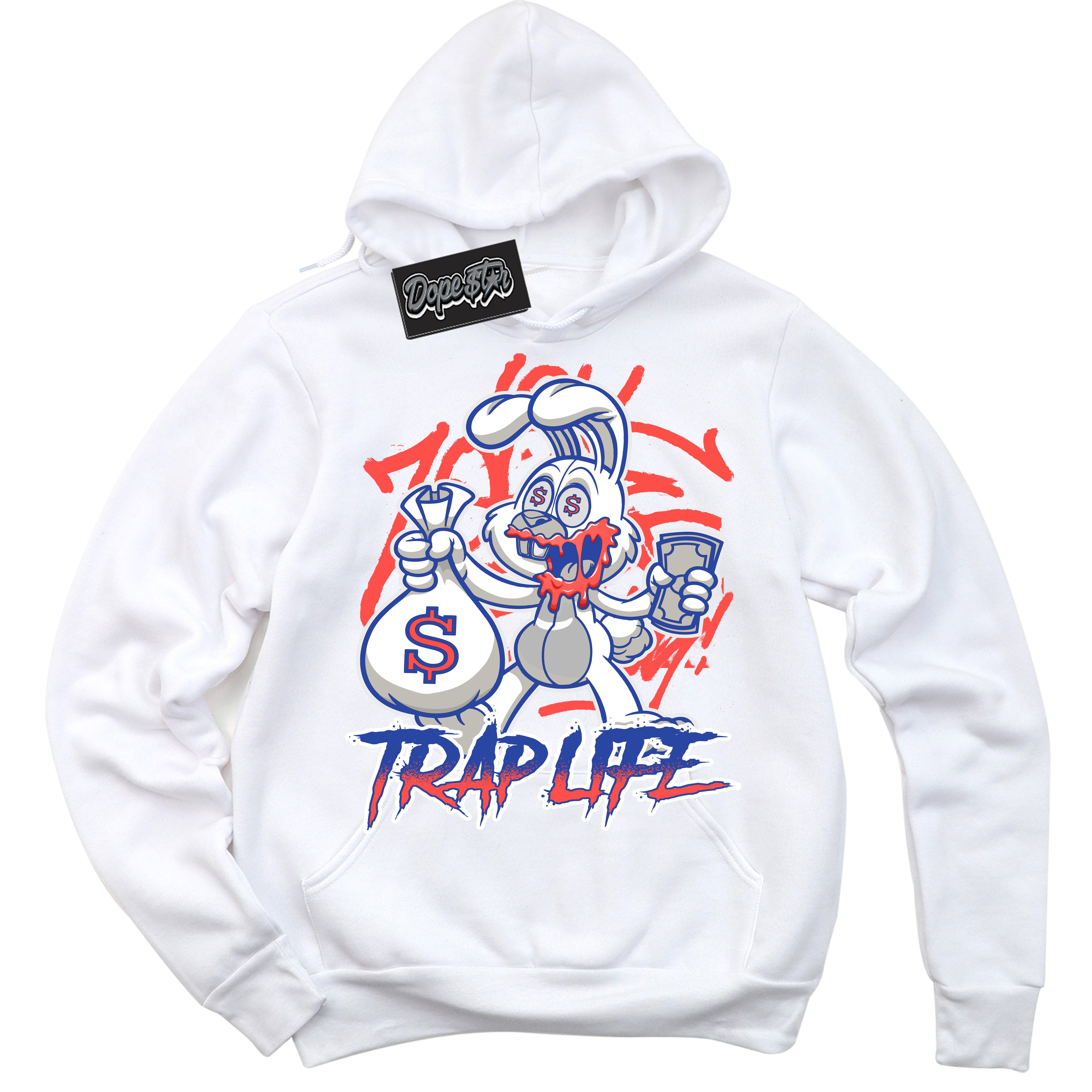 Cool White Hoodie with “ Trap Rabbit '' design that Perfectly Matches Ultramarine 180s Sneakers.