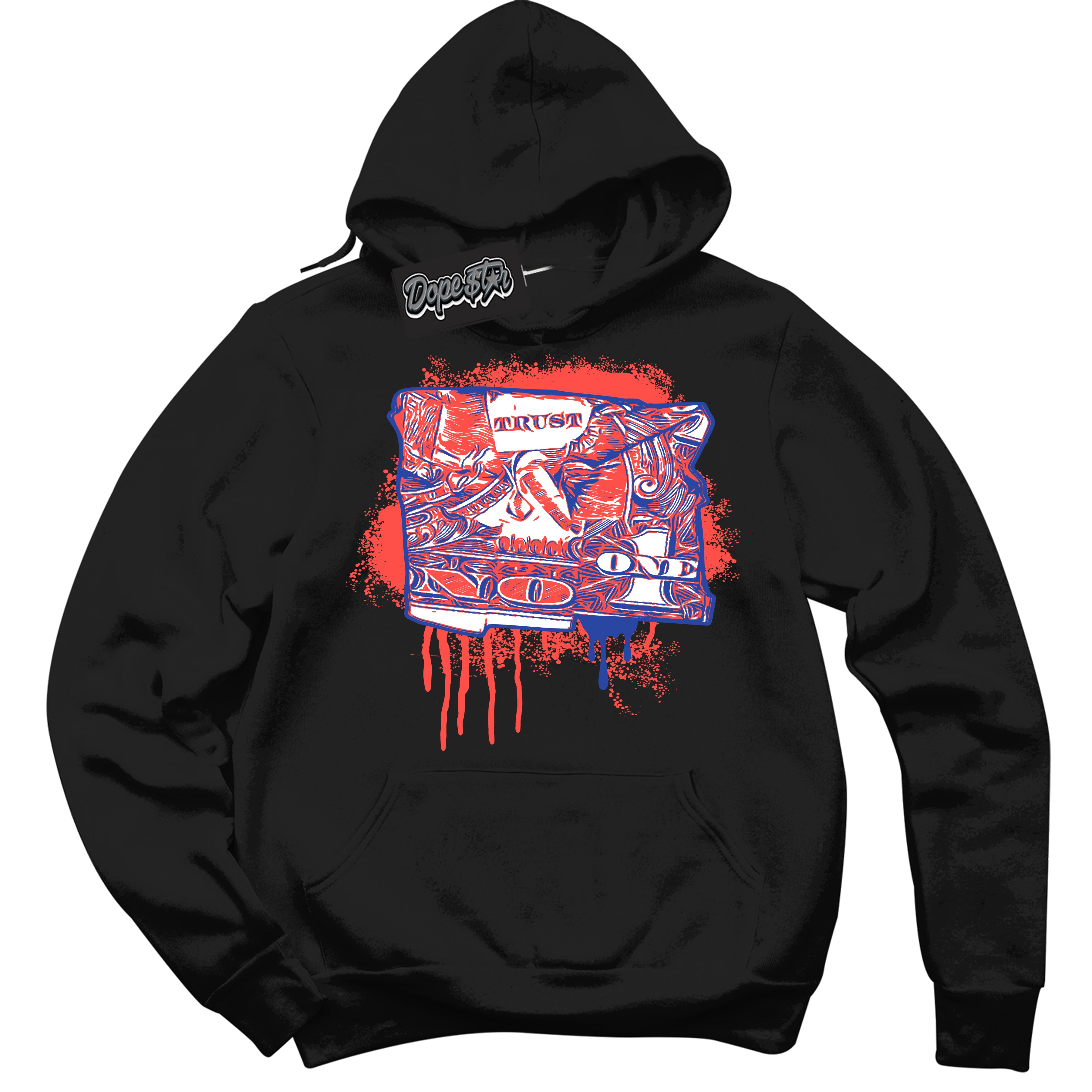 Cool Black Hoodie with “ Trust No One Dollar '' design that Perfectly Matches Ultramarine 180s Sneakers.