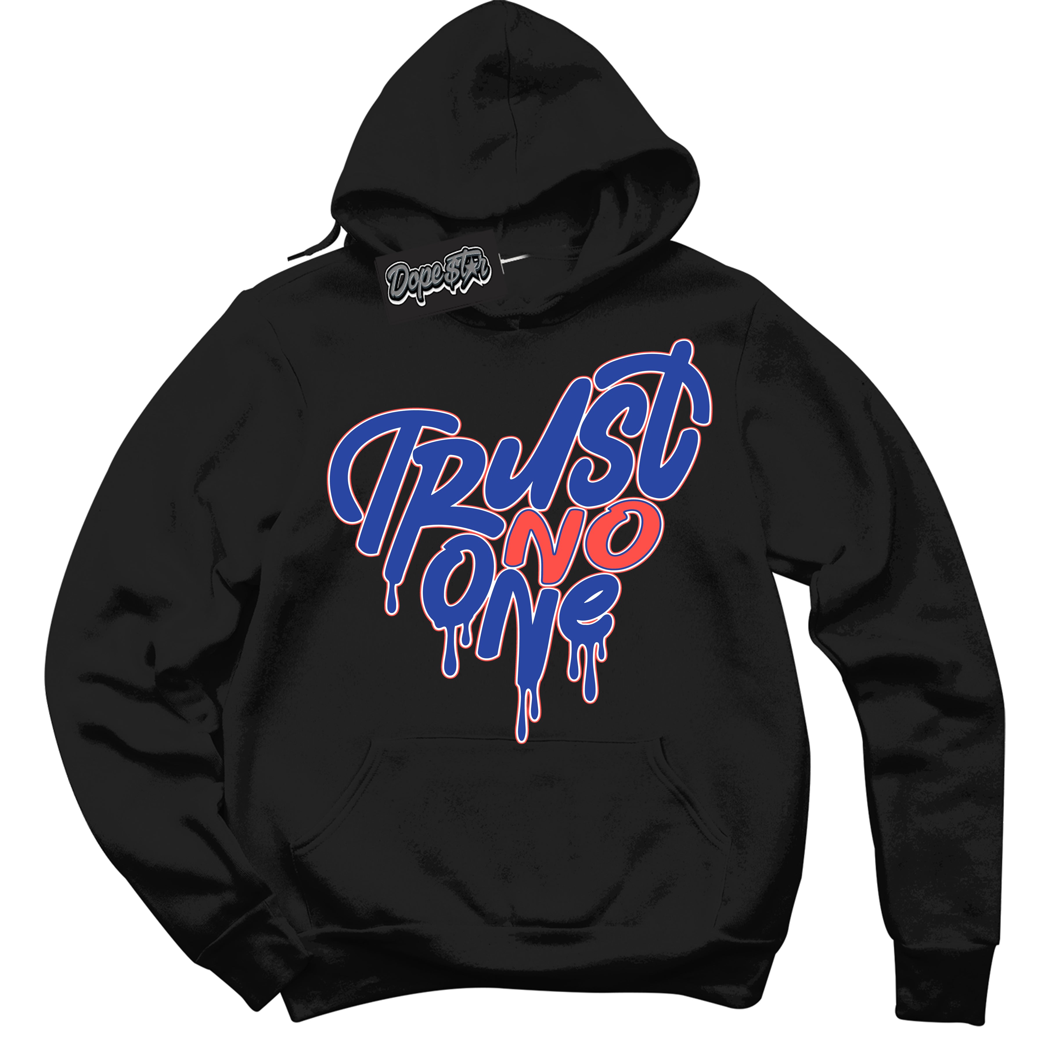 Cool Black Hoodie with “ Trust No One Heart '' design that Perfectly Matches Ultramarine 180s Sneakers.