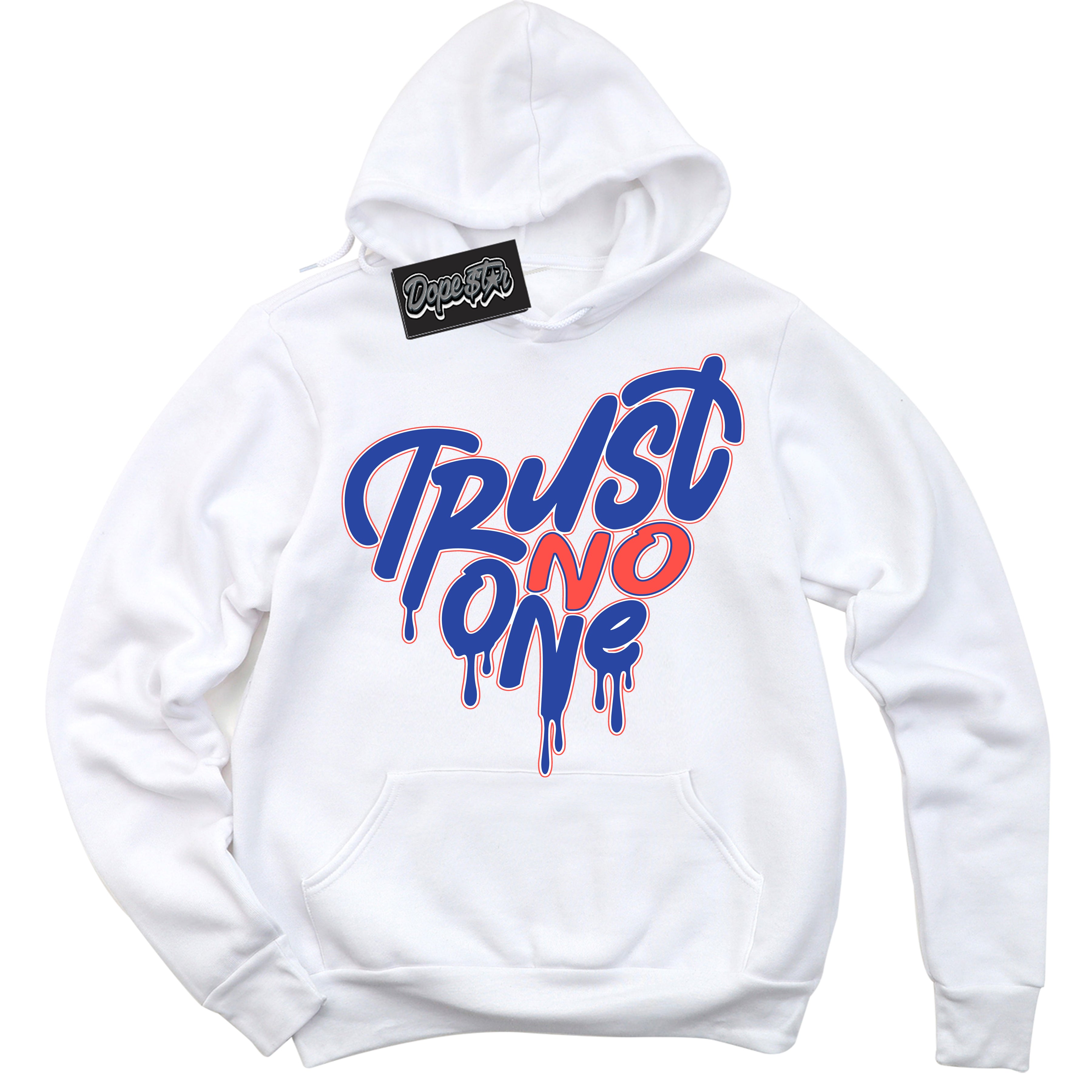 Cool White Hoodie with “ Trust No One Heart '' design that Perfectly Matches Ultramarine 180s Sneakers.