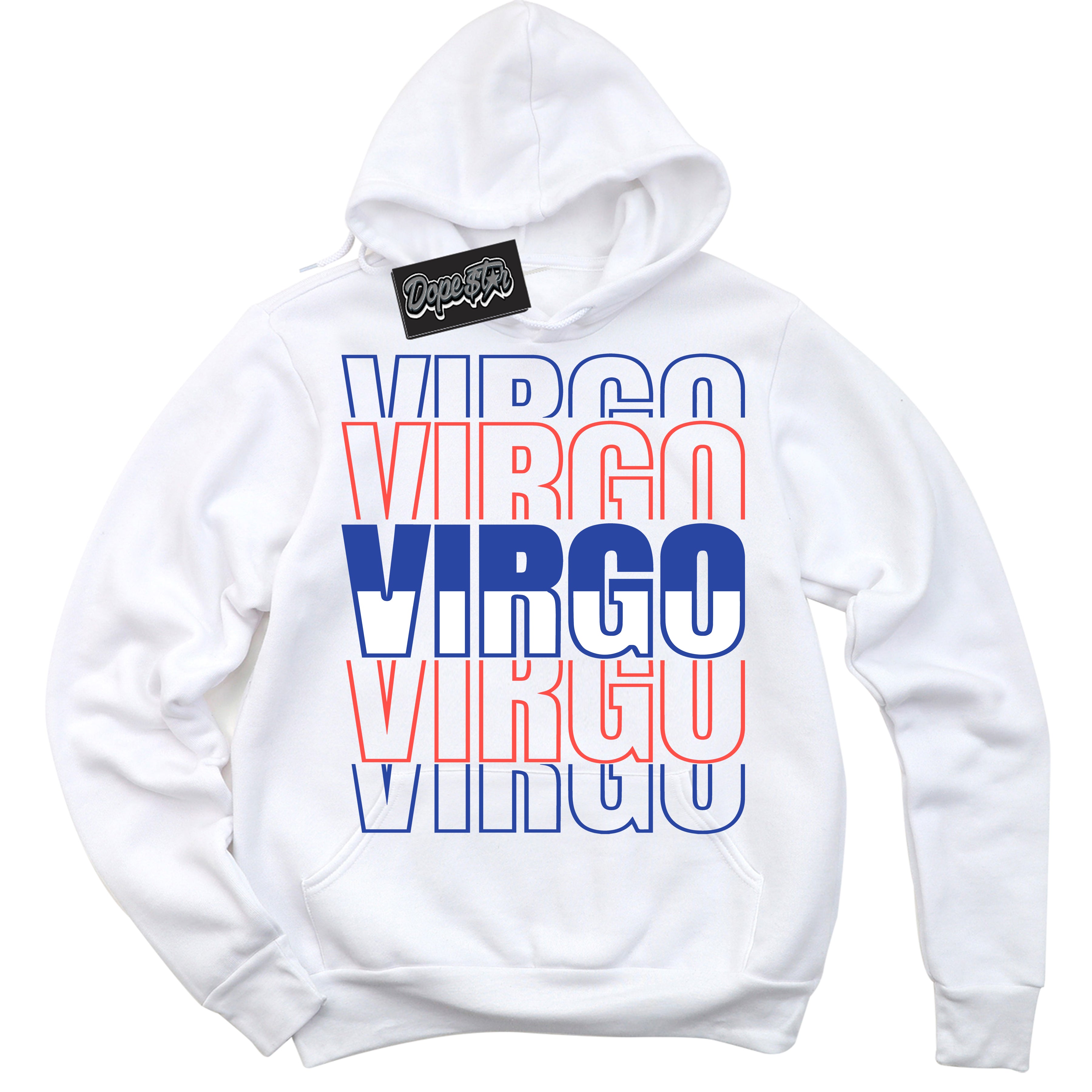 Cool White Hoodie with “ Virgo '' design that Perfectly Matches Ultramarine 180s Sneakers.