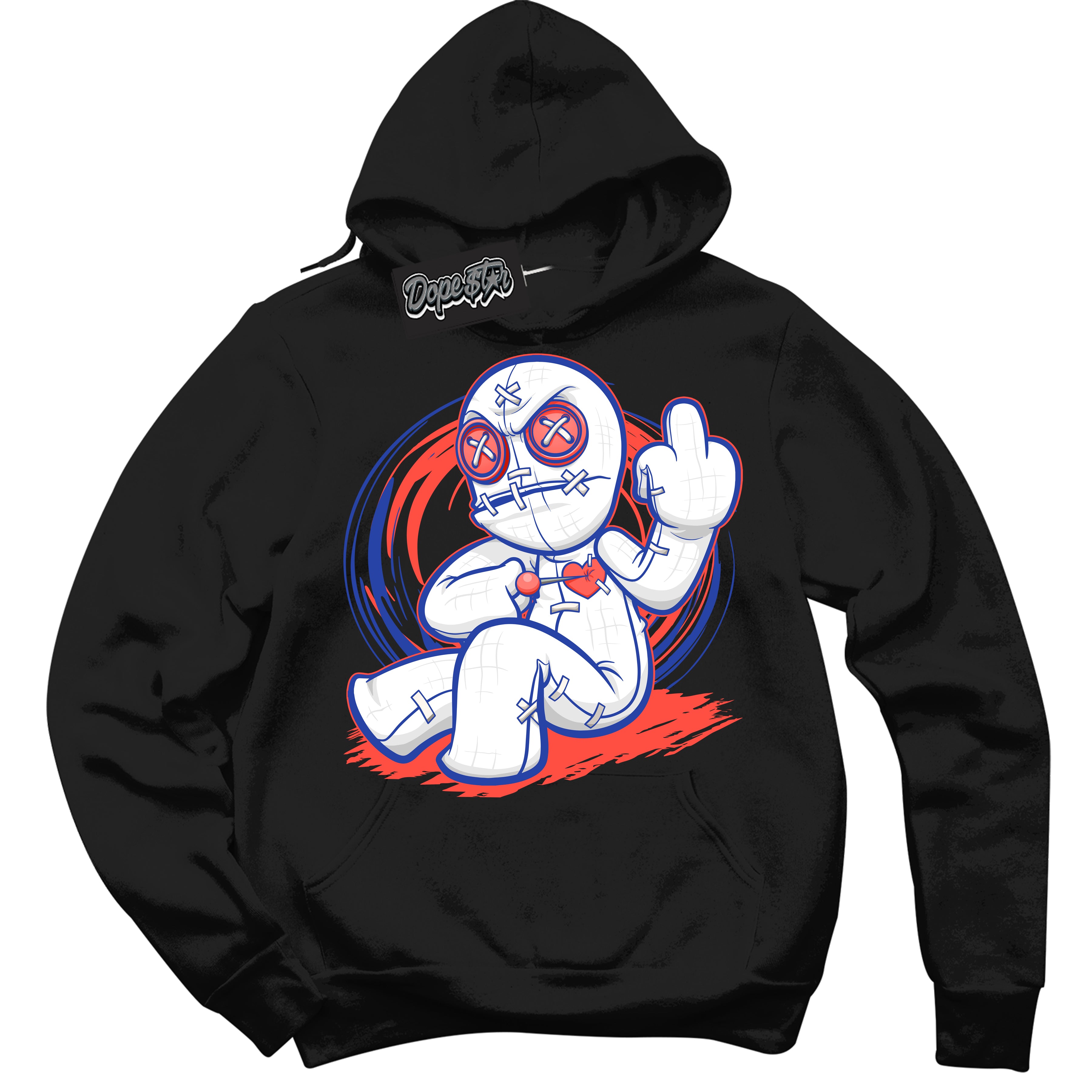 Cool Black Hoodie with “ VooDoo Doll '' design that Perfectly Matches Ultramarine 180s Sneakers.