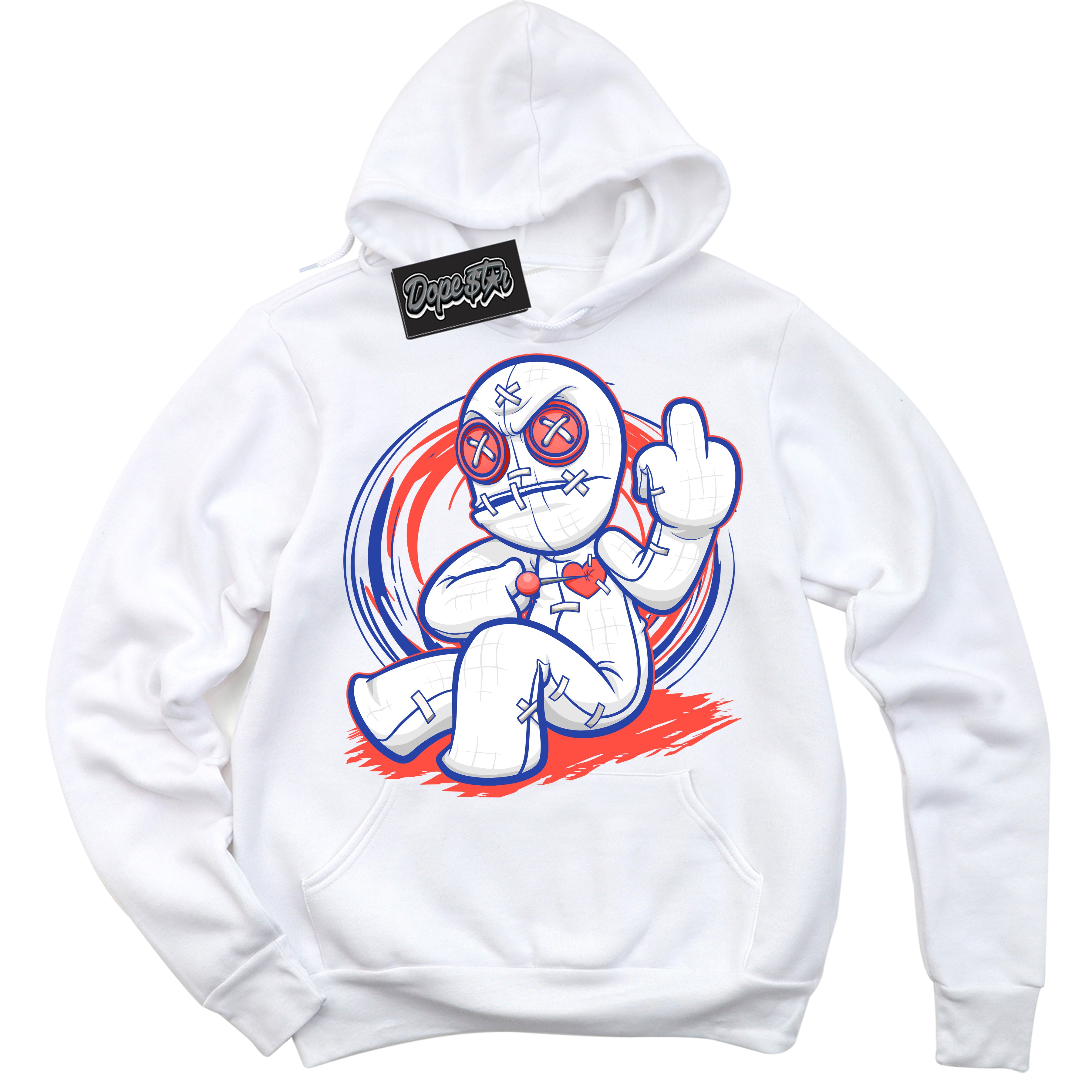 Cool White Hoodie with “ VooDoo Doll '' design that Perfectly Matches Ultramarine 180s Sneakers.