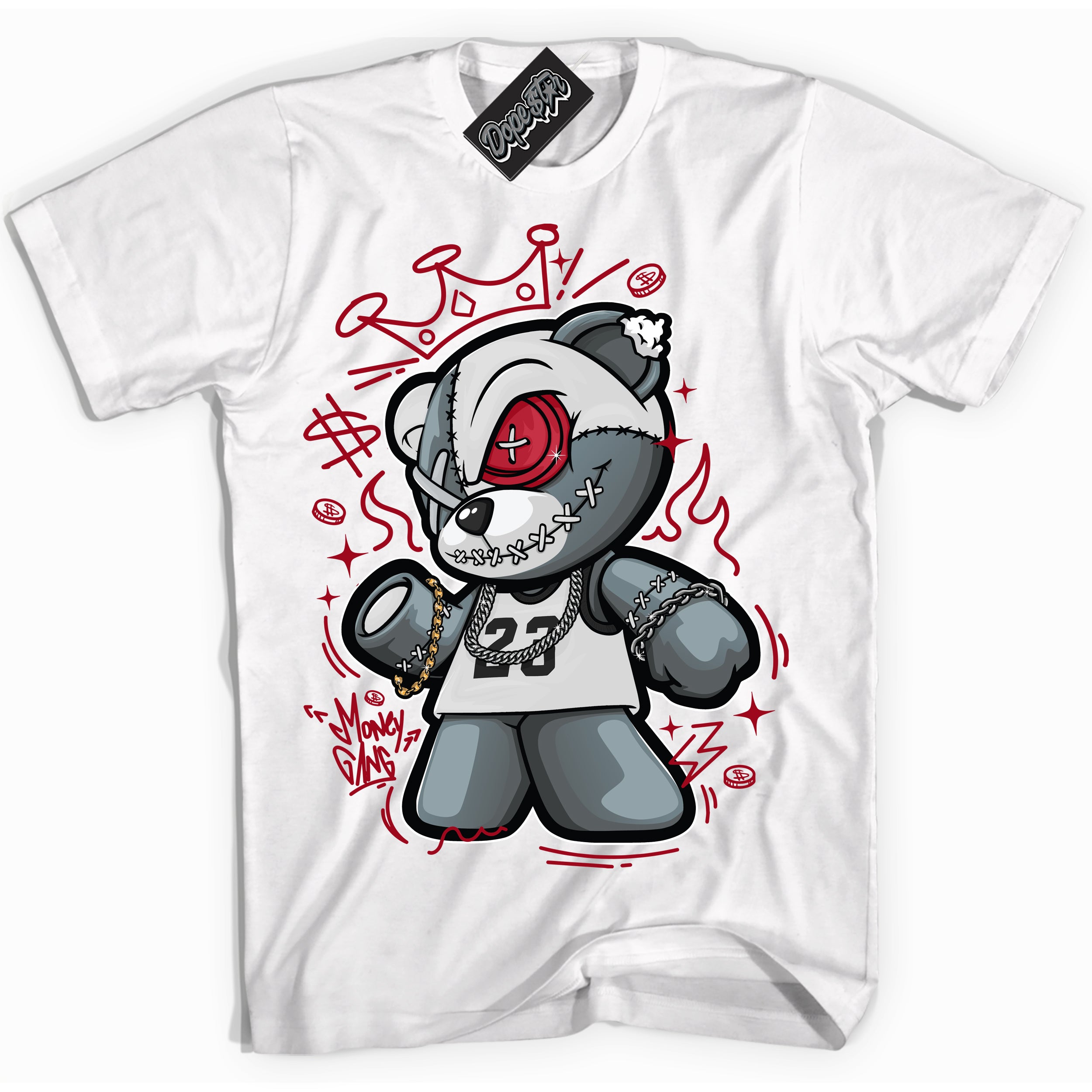Cool White Shirt with “ Money Gang Bear” design that perfectly matches Pro J Pack Chicago Dunks.