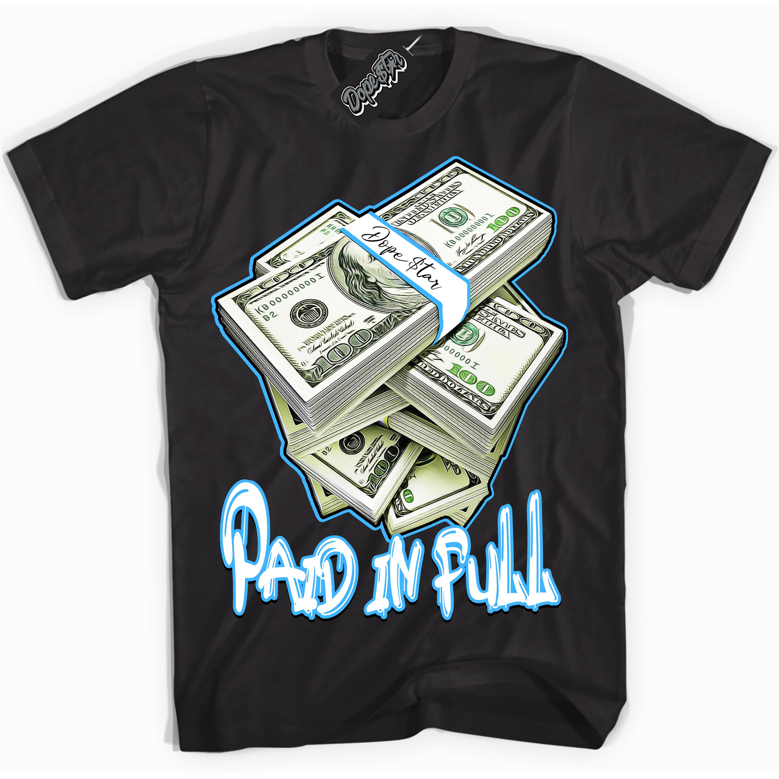 Cool Black graphic tee with “ Paid In Full ” design, that perfectly matches Powder Blue 9s sneakers