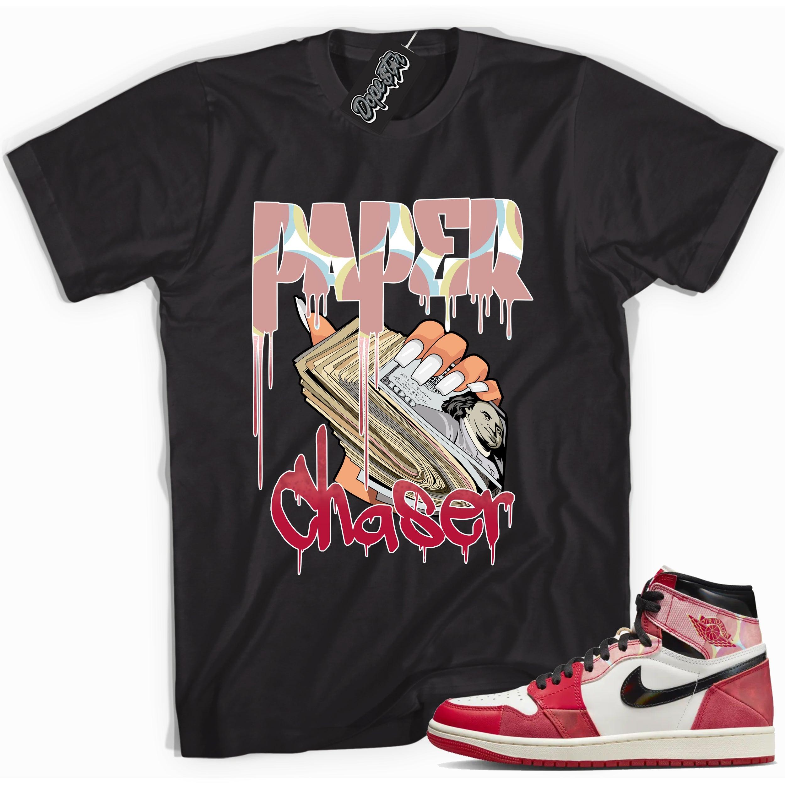 Cool Black graphic tee with “ Paper Chaser ” print, that perfectly matches AIR JORDAN 1 Retro High OG NEXT CHAPTER SPIDER-VERSE  sneakers