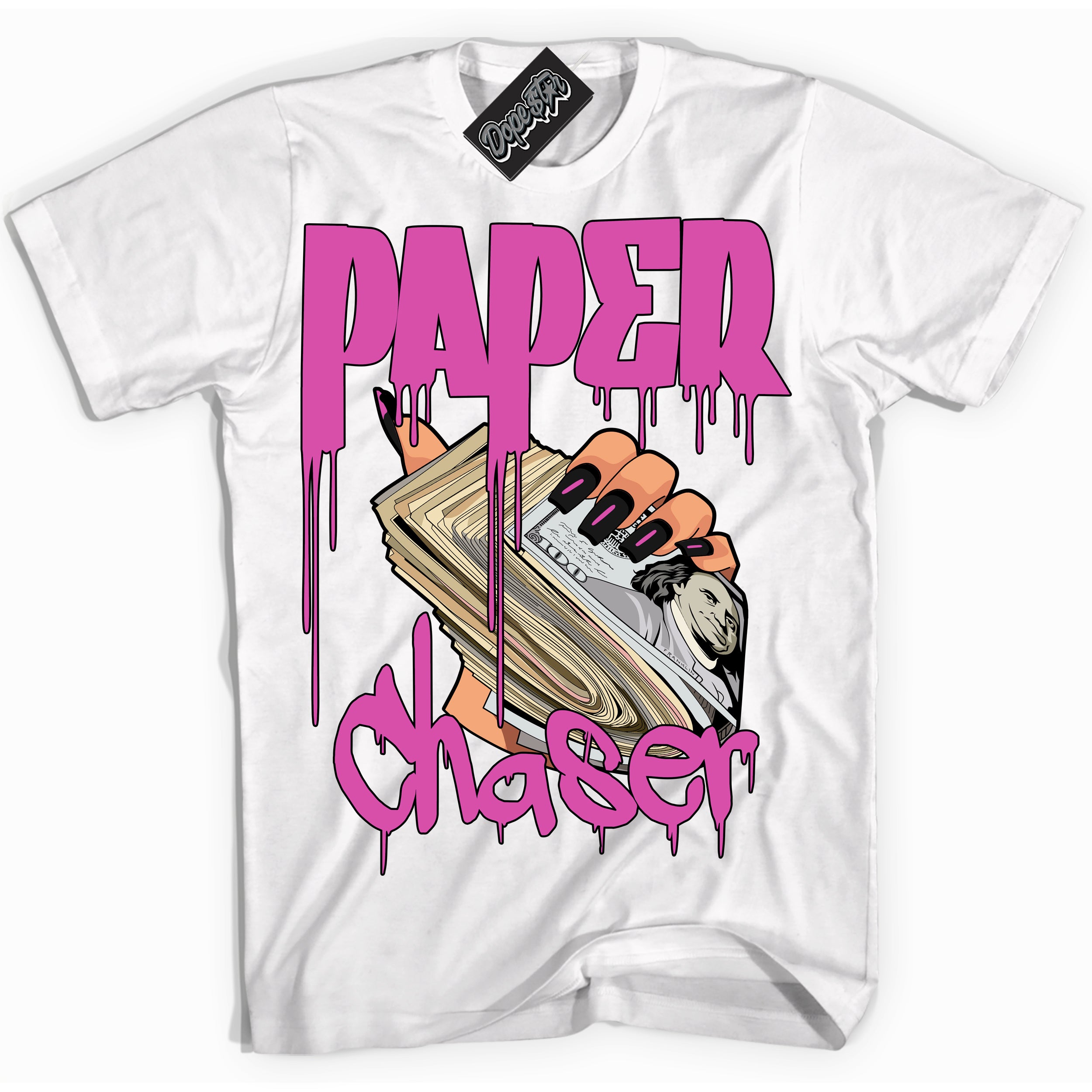 White T-shirt with playful pink and black "Paper Chaser" graphic, made to match Air Max 1 Valentine's Day sneakers | Sneaker Shirts Outlet