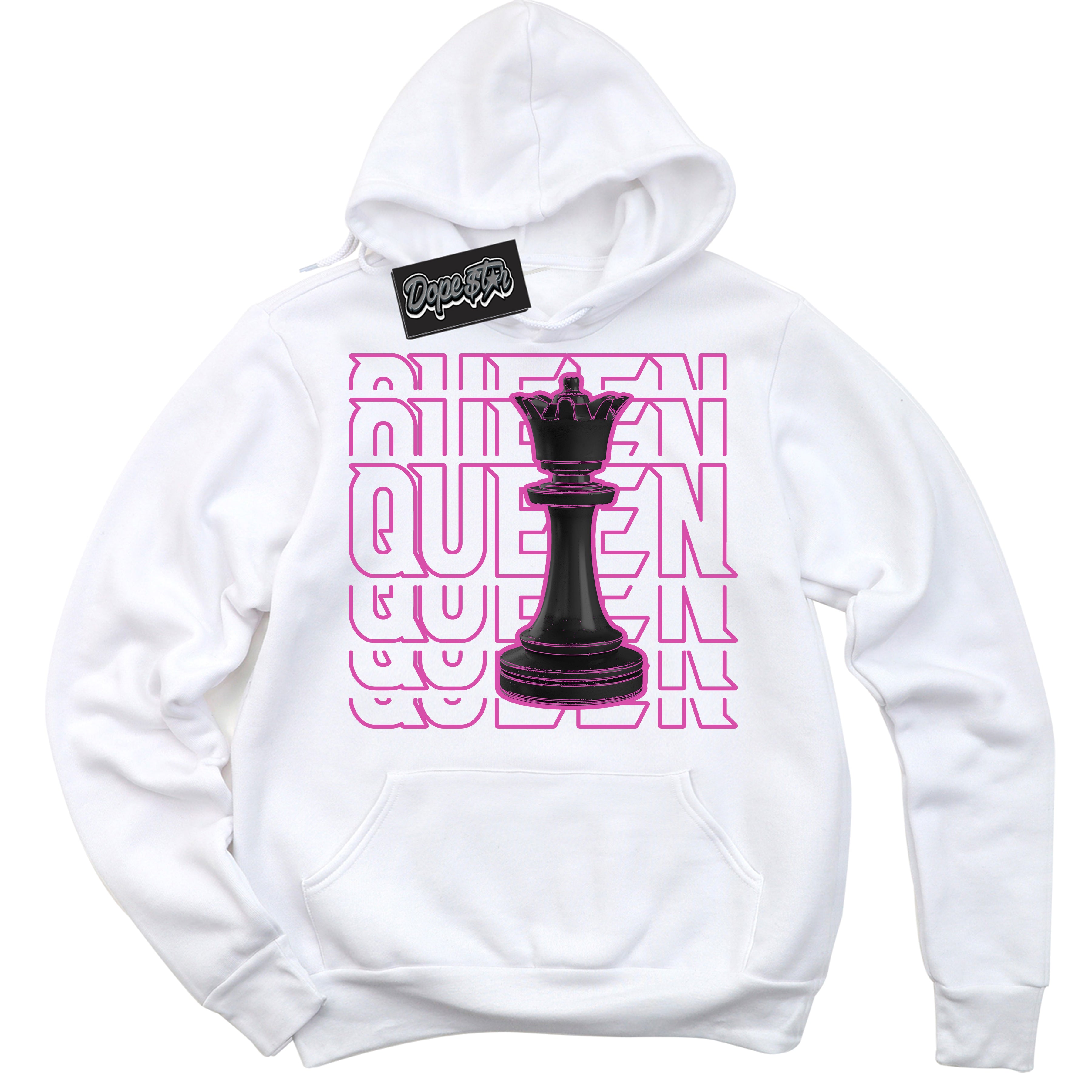 White Hoodie with playful pink and black "Queen Chess" graphic, made to match Air Max 1 Valentine's Day sneakers | Sneaker Shirts Outlet