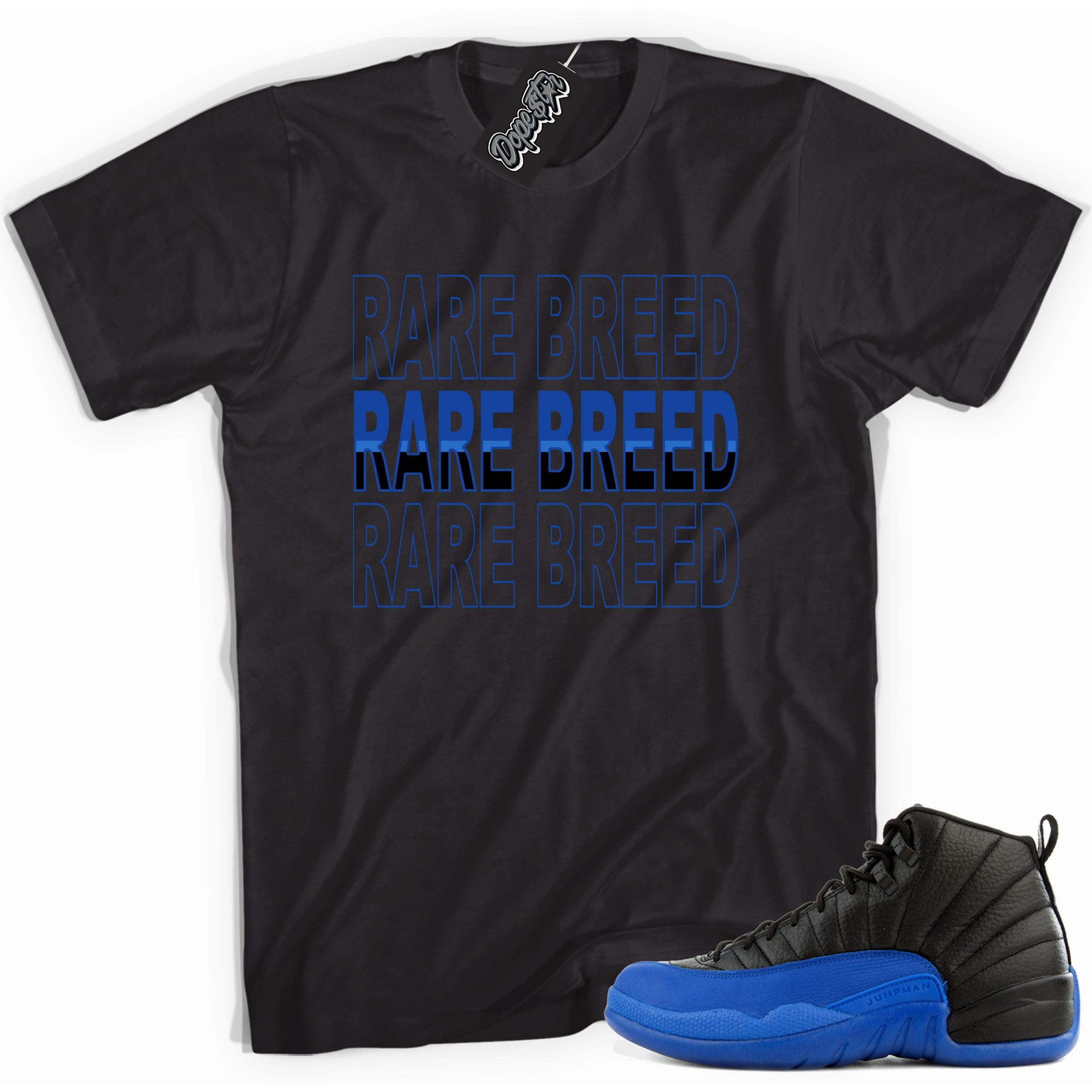 Cool black graphic tee with 'rare breed' print, that perfectly matches Air Jordan 12 Retro Black Game Royal sneakers.