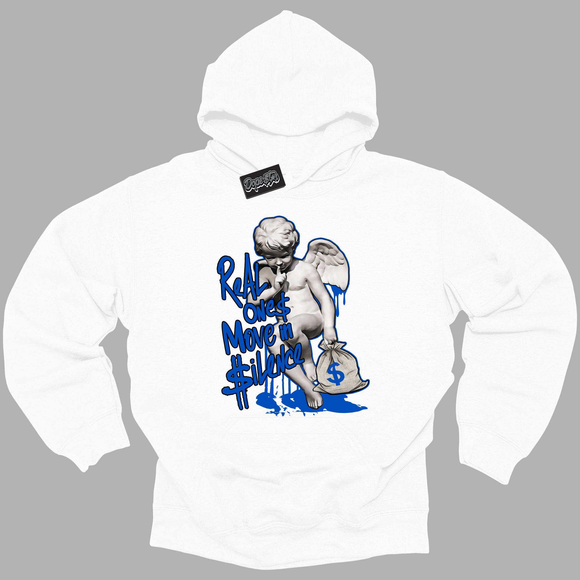 Cool White Hoodie with “ Real Ones Cherub ”  design that Perfectly Matches Royal Reimagined 1s Sneakers.