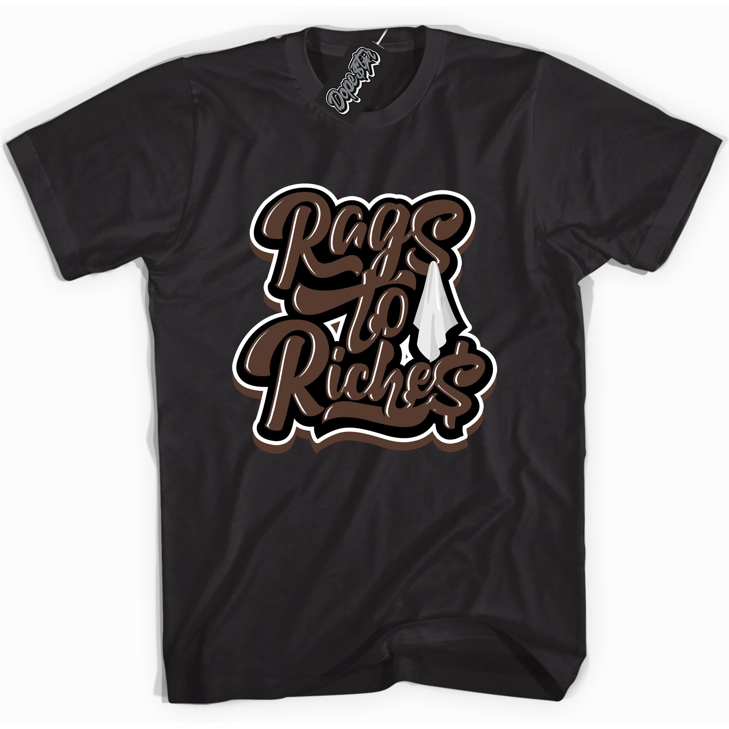 Cool Black graphic tee with “ Rags To Riches ” design, that perfectly matches Palomino 1s sneakers