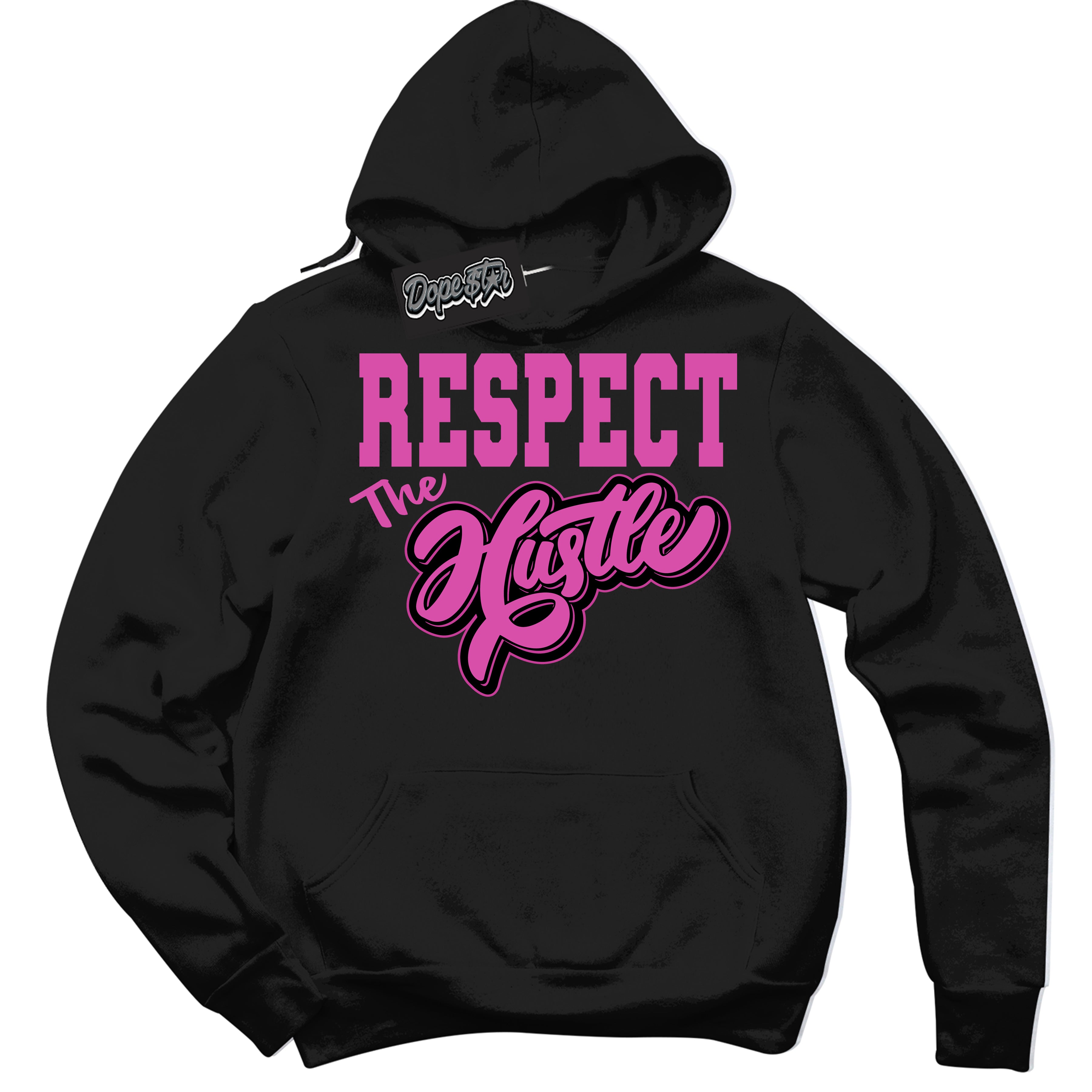 Black Hoodie with playful pink and black "Respect The Hustle" graphic, made to match Air Max 1 Valentine's Day sneakers | Sneaker Shirts Outlet